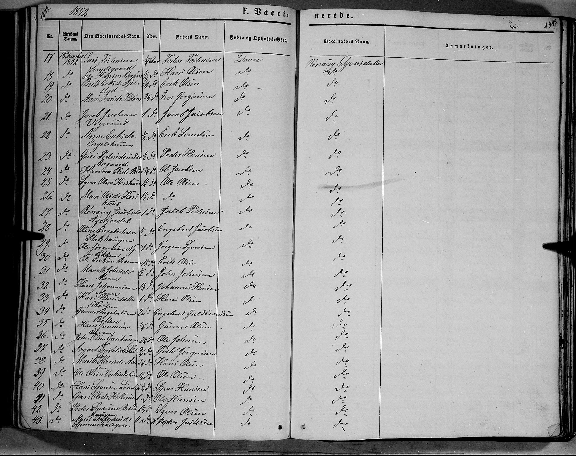 Lesja prestekontor, SAH/PREST-068/H/Ha/Haa/L0006: Parish register (official) no. 6B, 1843-1854, p. 1042-1043