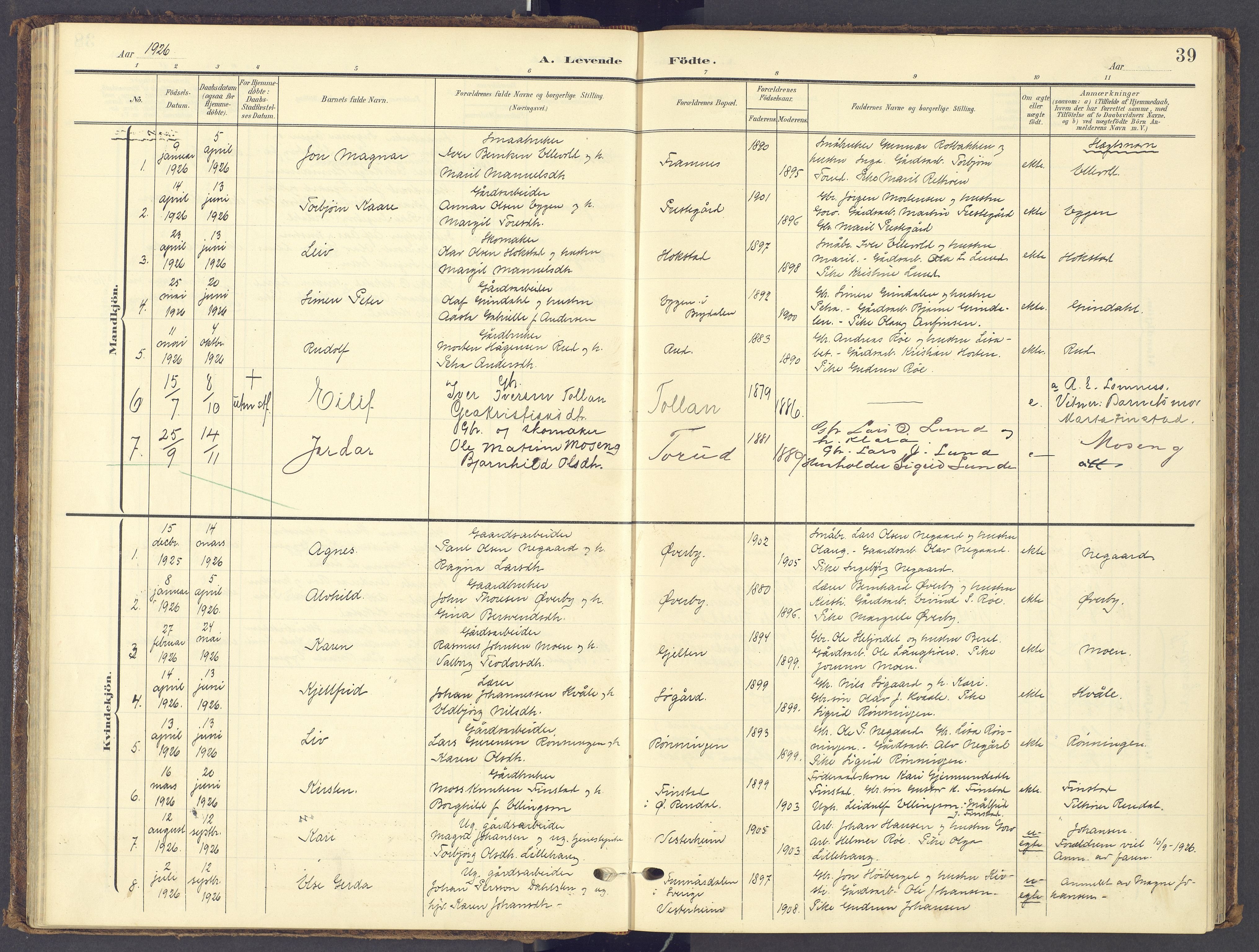 Tynset prestekontor, SAH/PREST-058/H/Ha/Haa/L0028: Parish register (official) no. 28, 1902-1929, p. 39