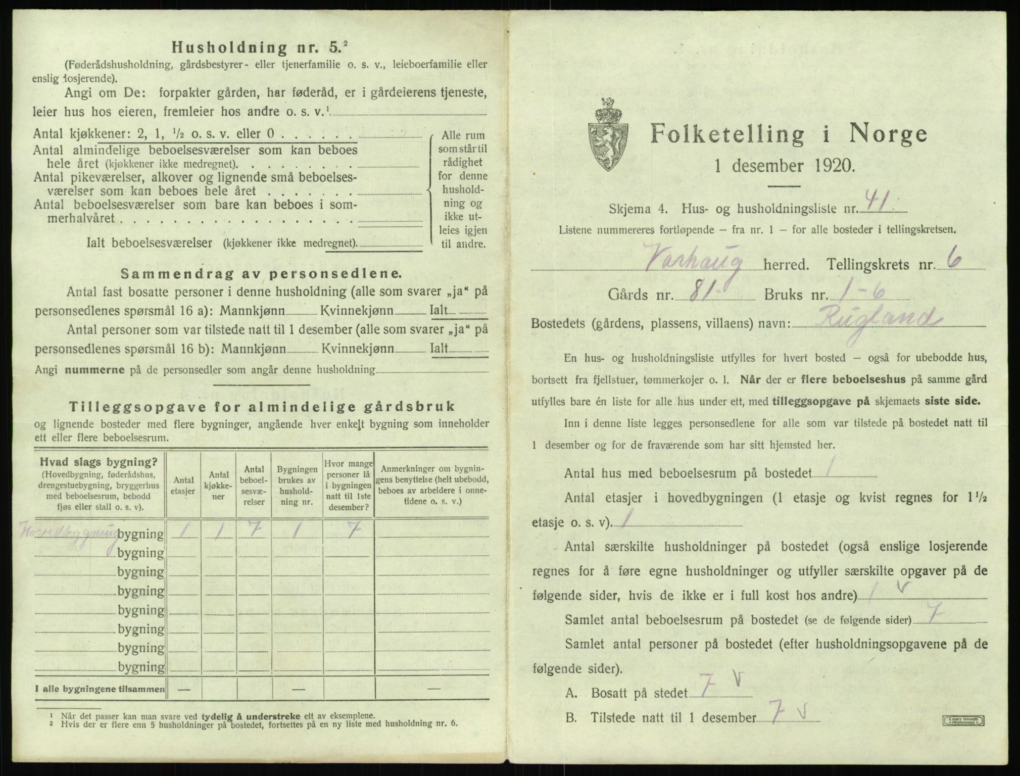 SAST, 1920 census for Varhaug, 1920, p. 799