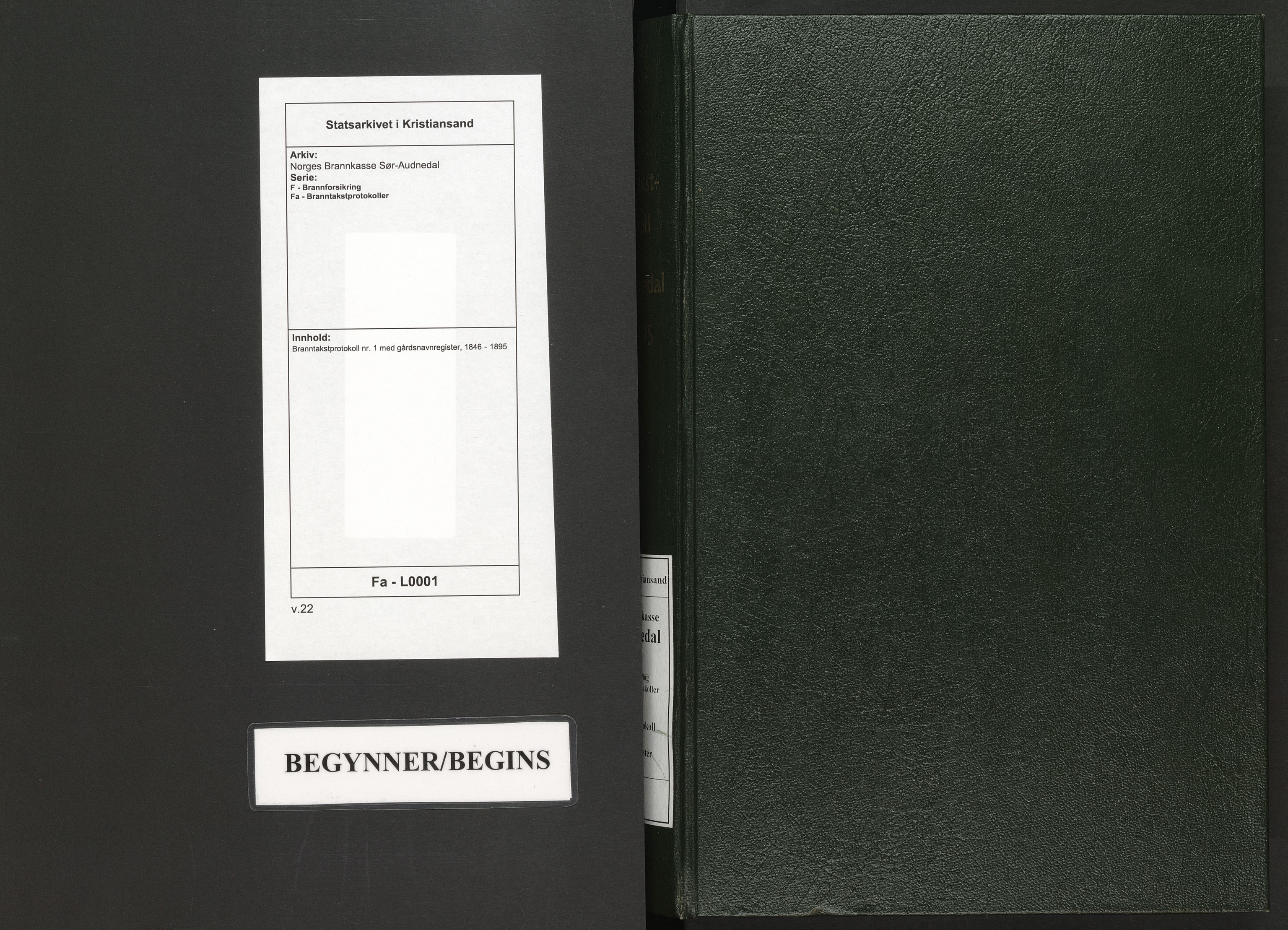 Norges Brannkasse Sør-Audnedal, AV/SAK-2241-0048/F/Fa/L0001: Branntakstprotokoll nr. 1 med gårdsnavnregister, 1846-1895