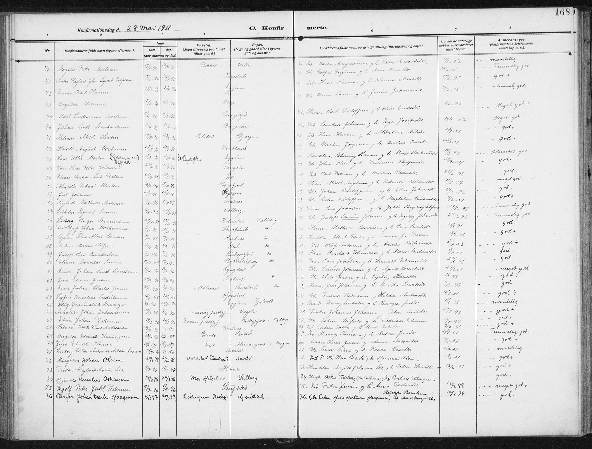 Ministerialprotokoller, klokkerbøker og fødselsregistre - Nordland, SAT/A-1459/880/L1135: Parish register (official) no. 880A09, 1908-1919, p. 168