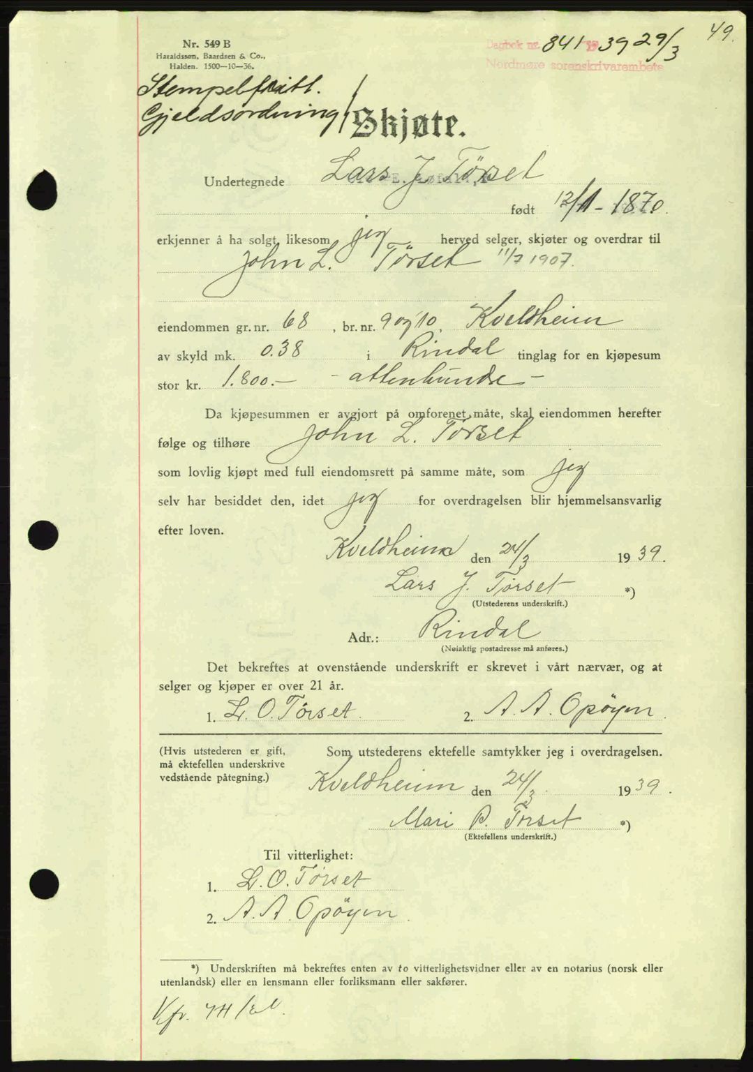 Nordmøre sorenskriveri, AV/SAT-A-4132/1/2/2Ca: Mortgage book no. A86, 1939-1939, Diary no: : 841/1939