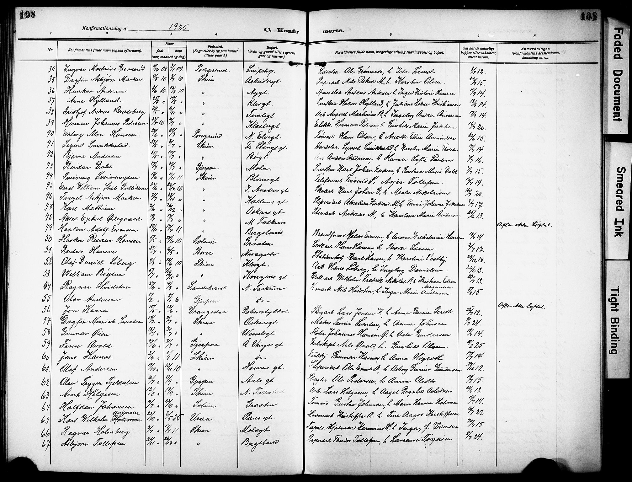 Skien kirkebøker, SAKO/A-302/G/Ga/L0010: Parish register (copy) no. 10, 1920-1931, p. 198