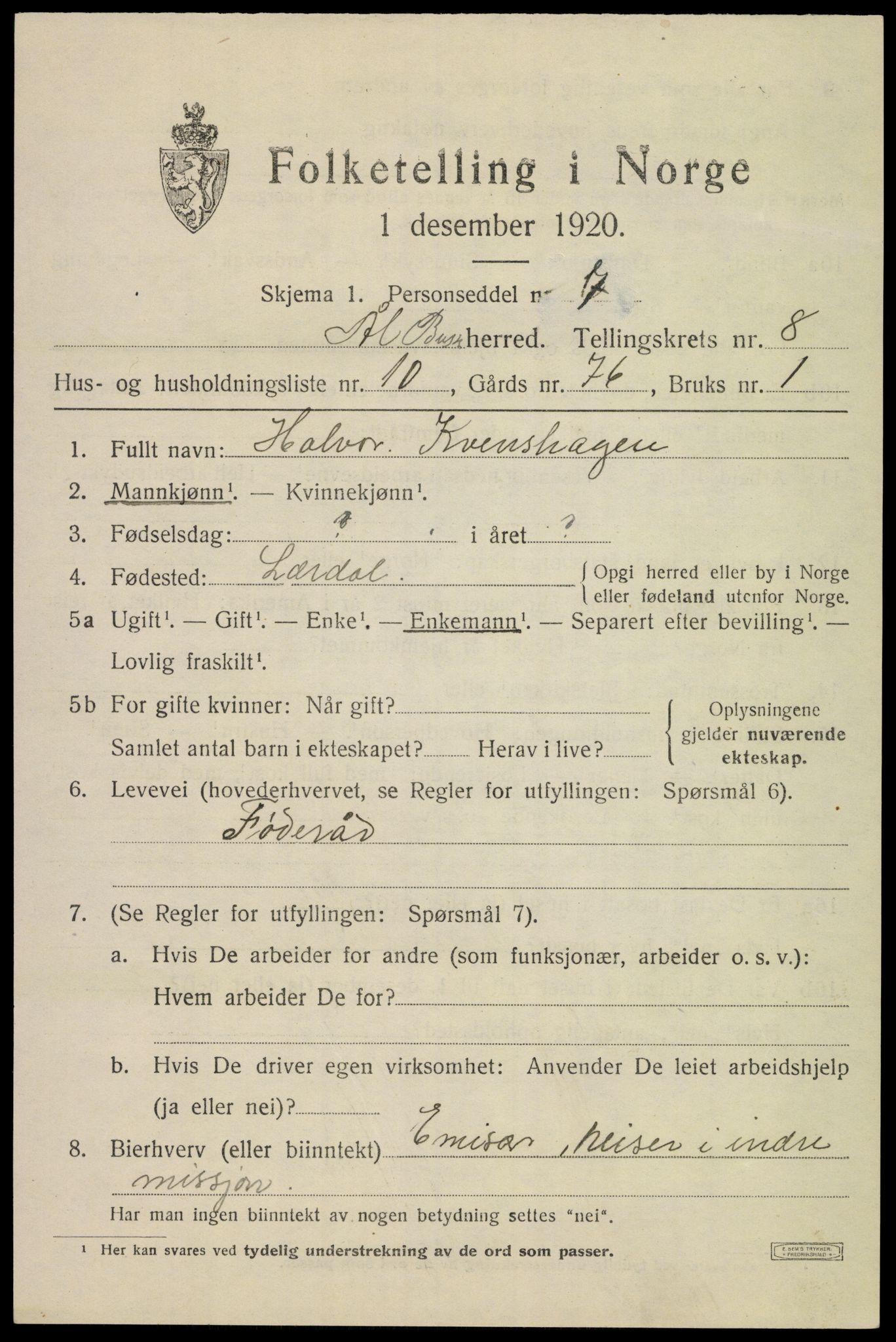 SAKO, 1920 census for Ål, 1920, p. 5436