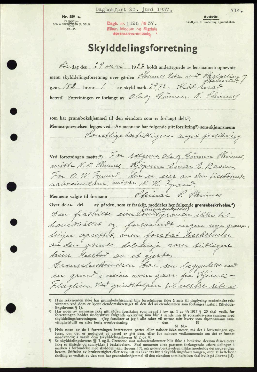 Eiker, Modum og Sigdal sorenskriveri, SAKO/A-123/G/Ga/Gab/L0035: Mortgage book no. A5, 1937-1937, Diary no: : 1326/1937