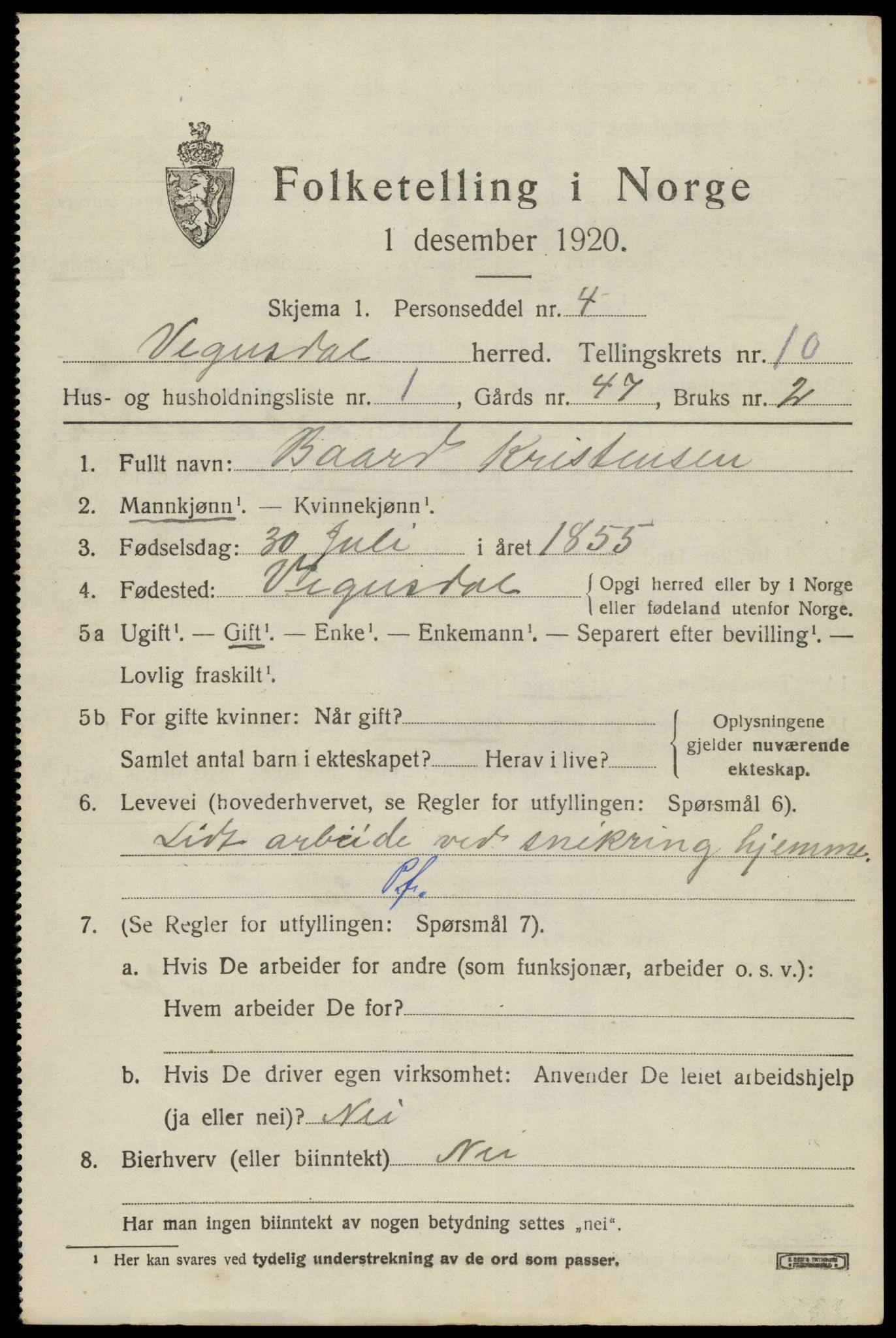 SAK, 1920 census for Vegusdal, 1920, p. 2069