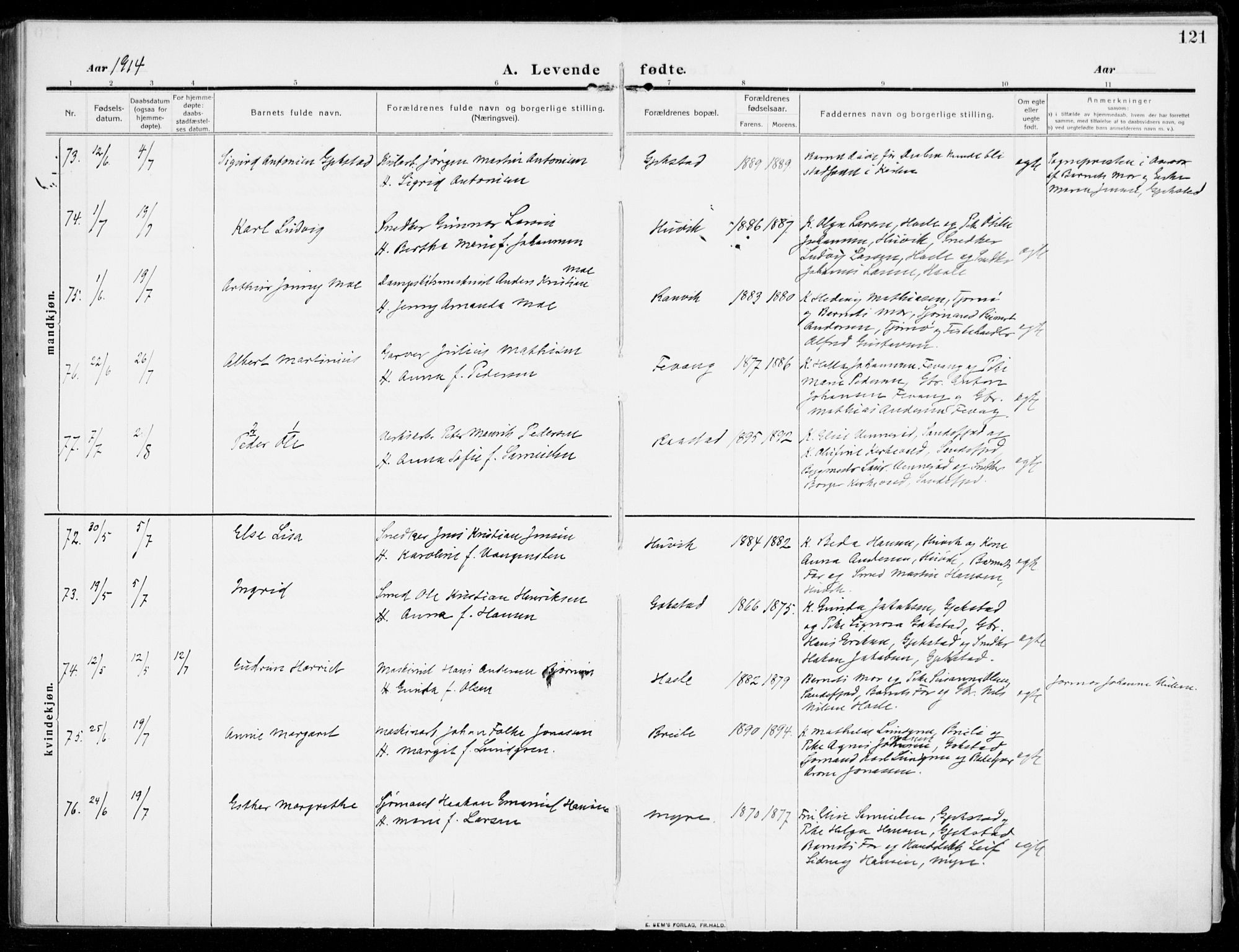 Sandar kirkebøker, SAKO/A-243/F/Fa/L0016: Parish register (official) no. 16, 1909-1919, p. 121