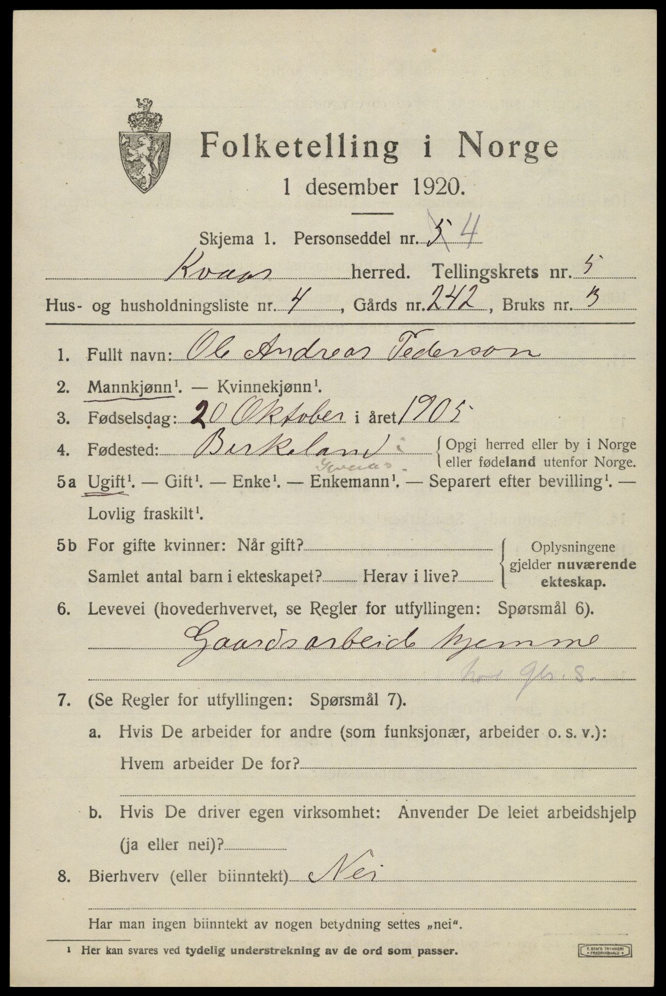 SAK, 1920 census for Kvås, 1920, p. 1318