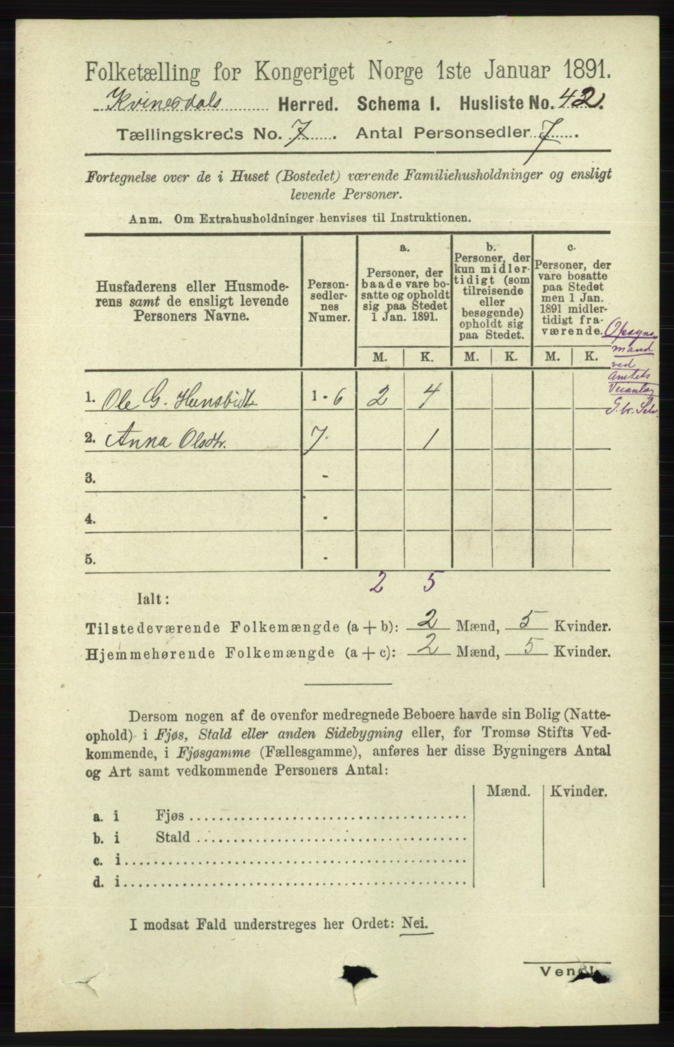 RA, 1891 census for 1037 Kvinesdal, 1891, p. 2417