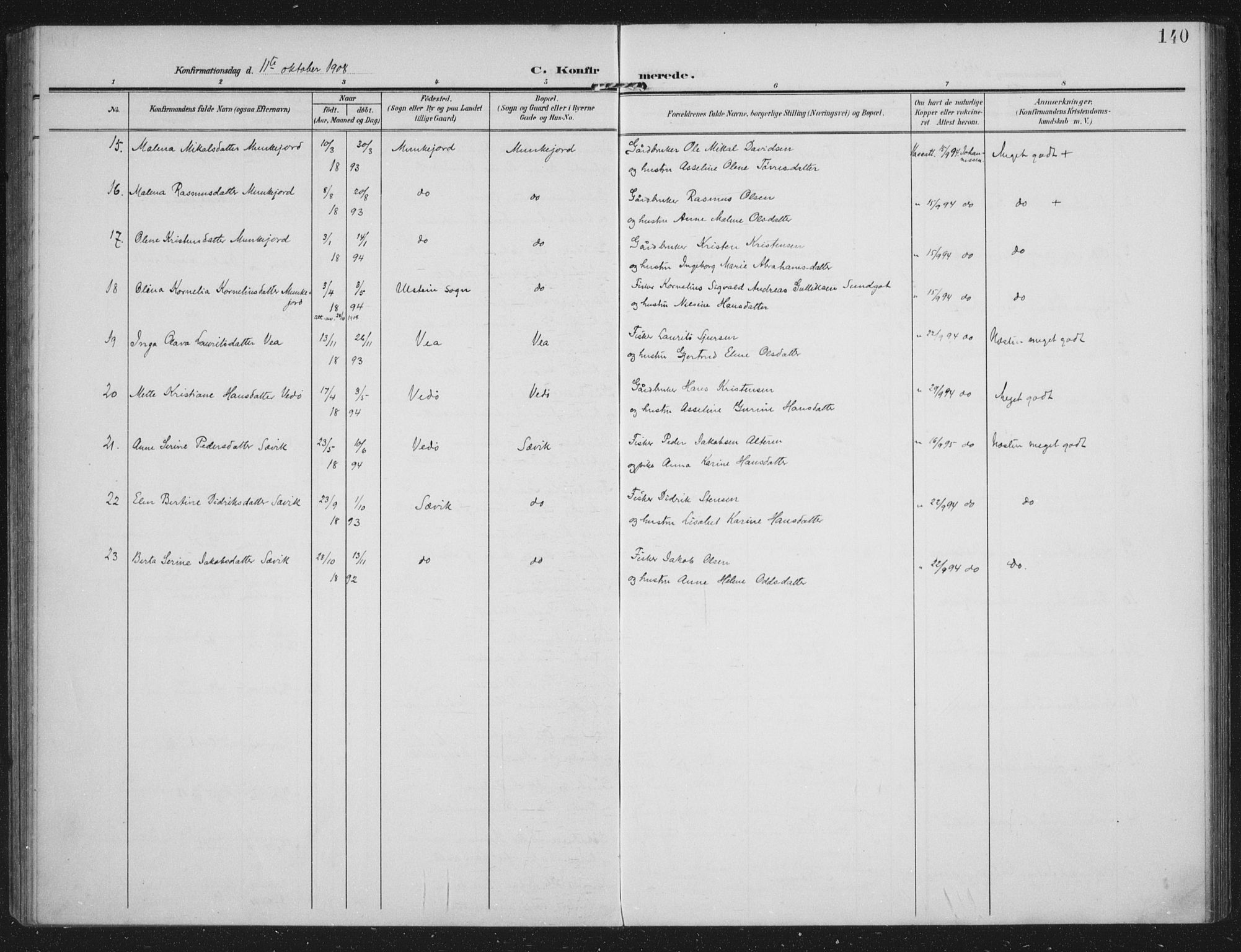 Kopervik sokneprestkontor, AV/SAST-A-101850/H/Ha/Haa/L0005: Parish register (official) no. A 5, 1906-1924, p. 140