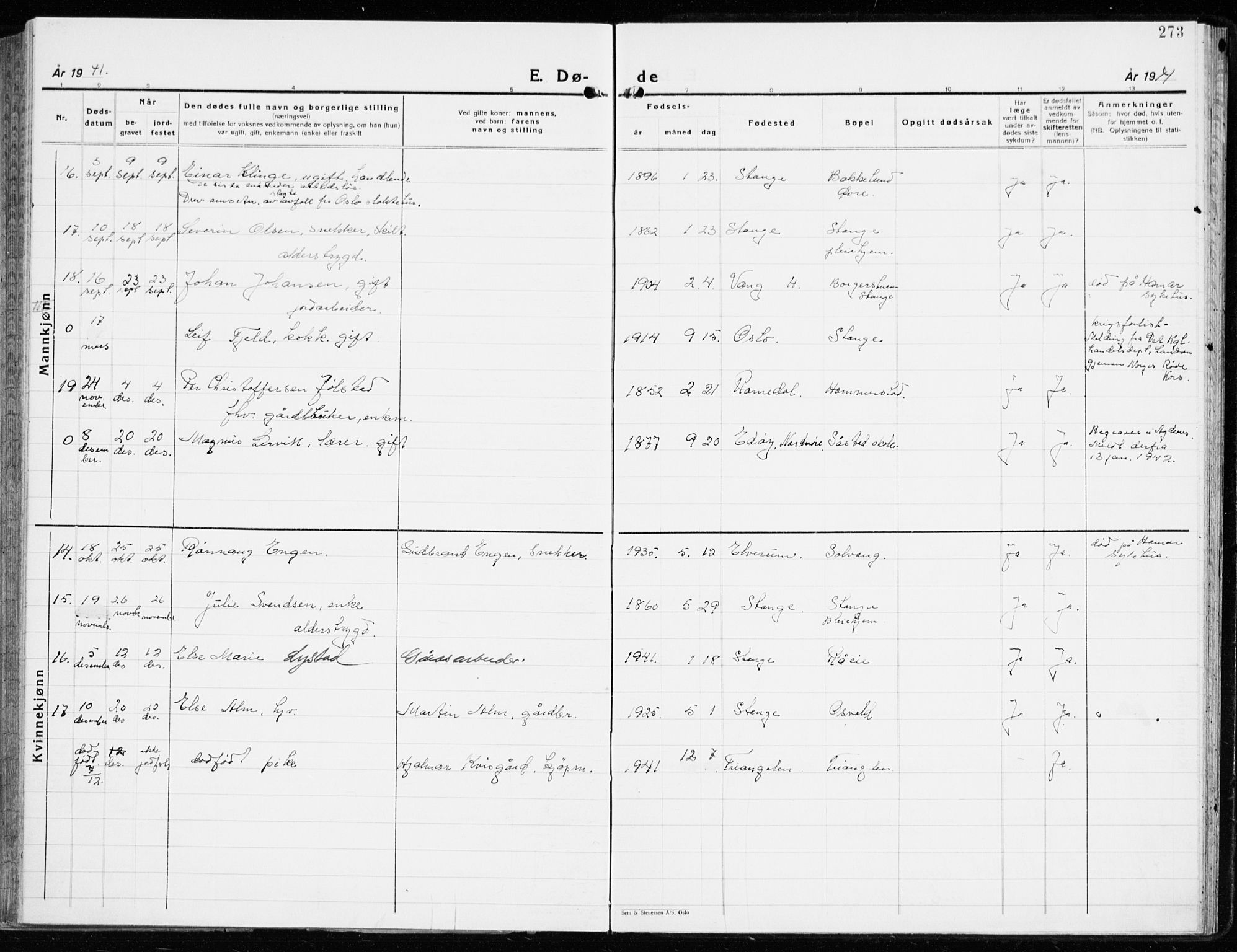 Stange prestekontor, AV/SAH-PREST-002/K/L0027: Parish register (official) no. 27, 1937-1947, p. 273