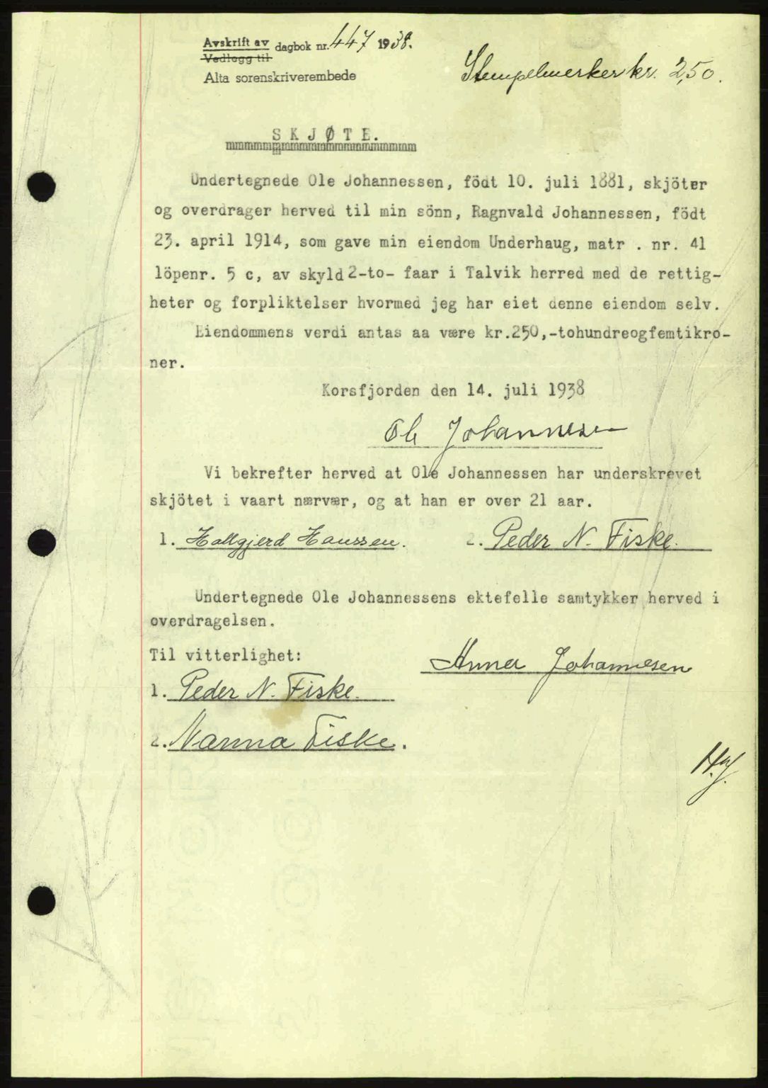 Alta fogderi/sorenskriveri, SATØ/SATØ-5/1/K/Kd/L0031pantebok: Mortgage book no. 31, 1938-1939, Diary no: : 447/1938