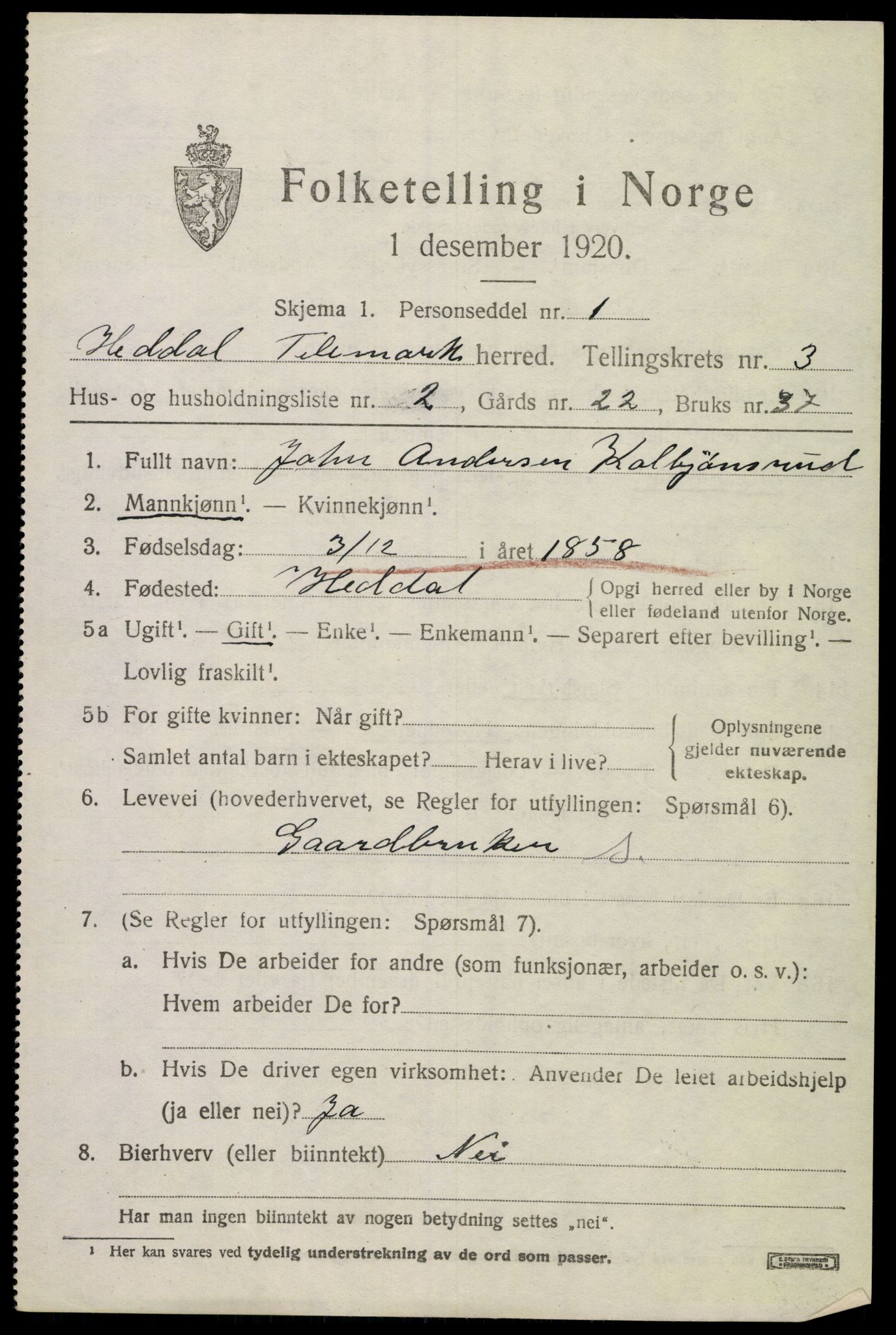 SAKO, 1920 census for Heddal, 1920, p. 3654