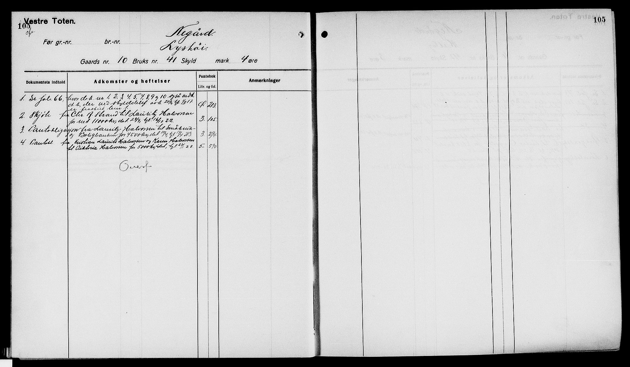 Toten tingrett, AV/SAH-TING-006/H/Ha/Haa/L0040: Mortgage register no. 40, 1925, p. 105