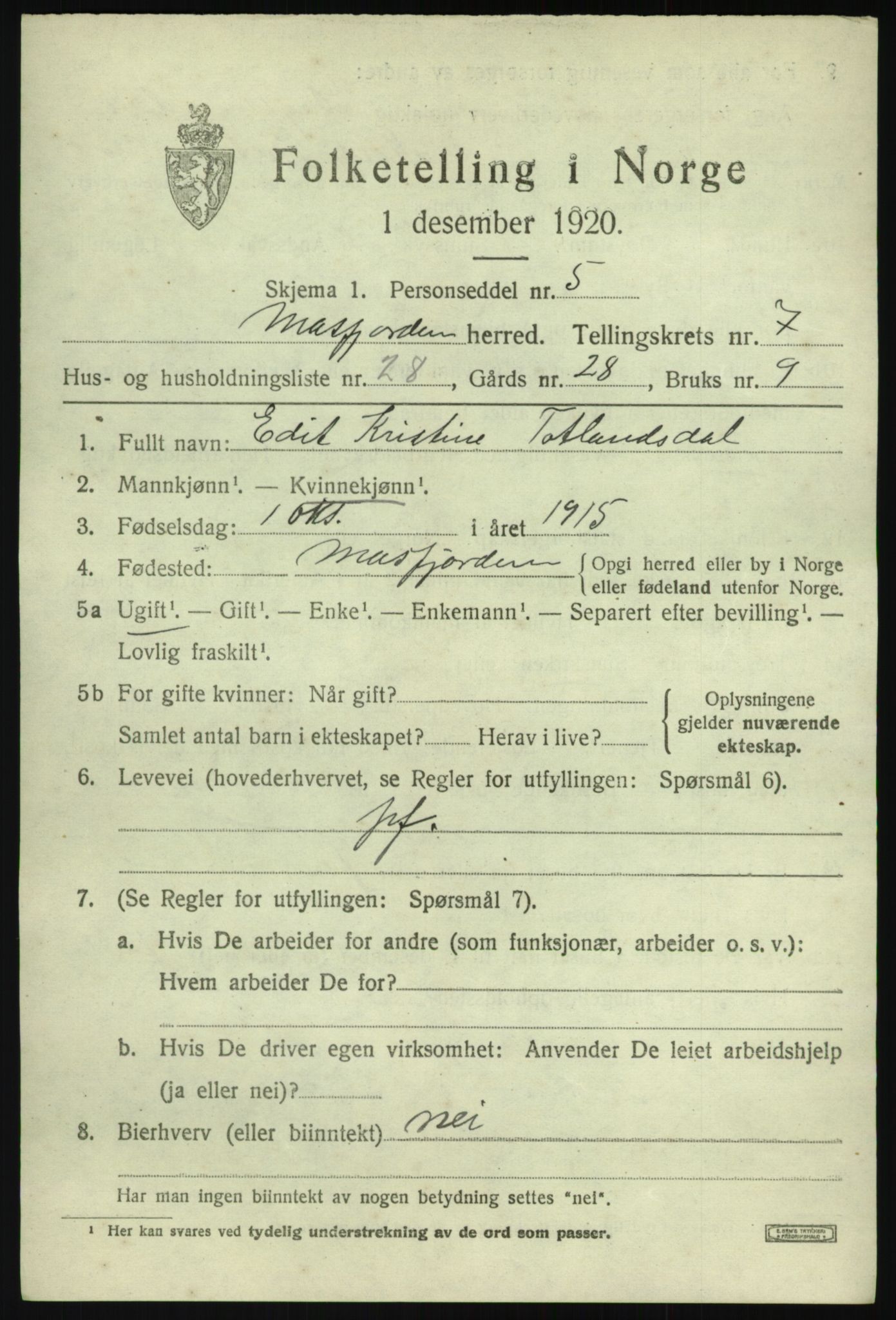 SAB, 1920 census for Masfjorden, 1920, p. 3063