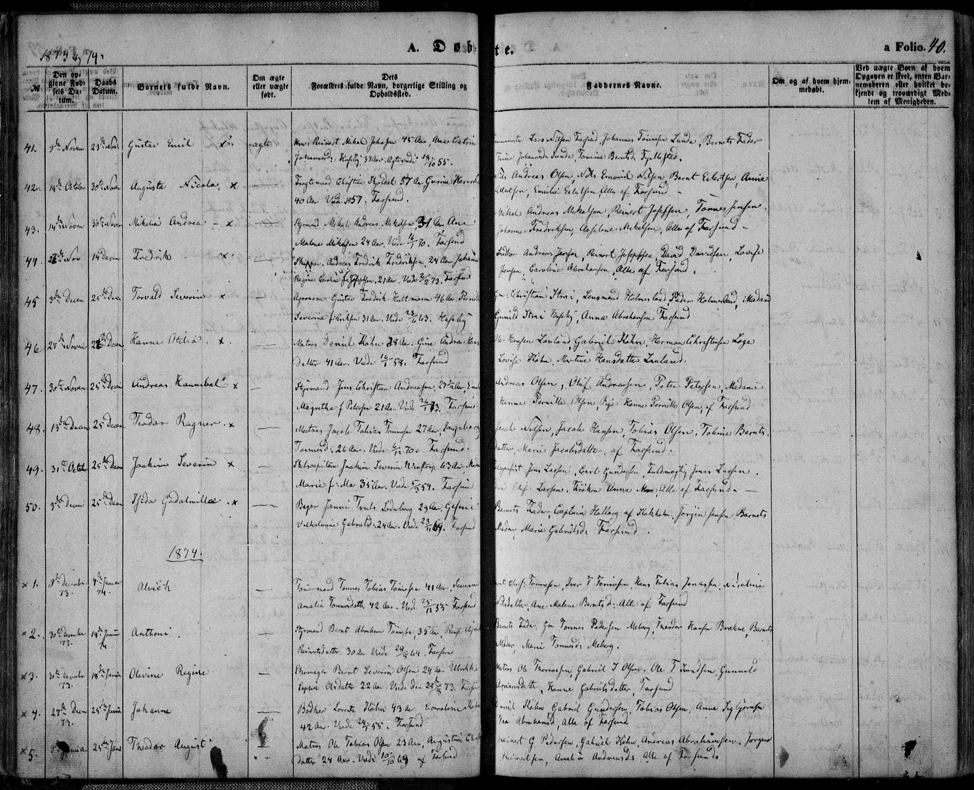 Farsund sokneprestkontor, AV/SAK-1111-0009/F/Fa/L0005: Parish register (official) no. A 5, 1863-1886, p. 40