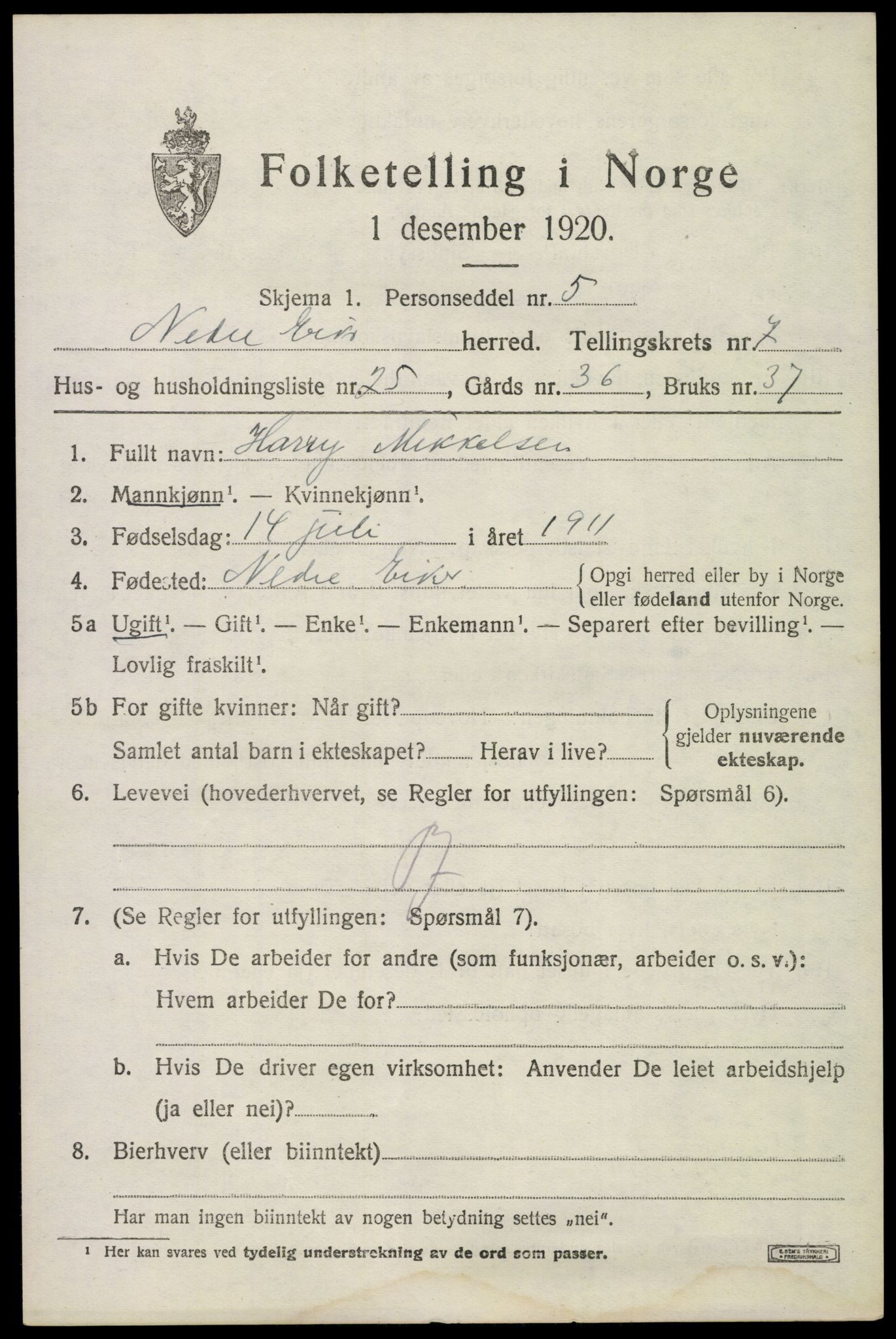 SAKO, 1920 census for Nedre Eiker, 1920, p. 7767