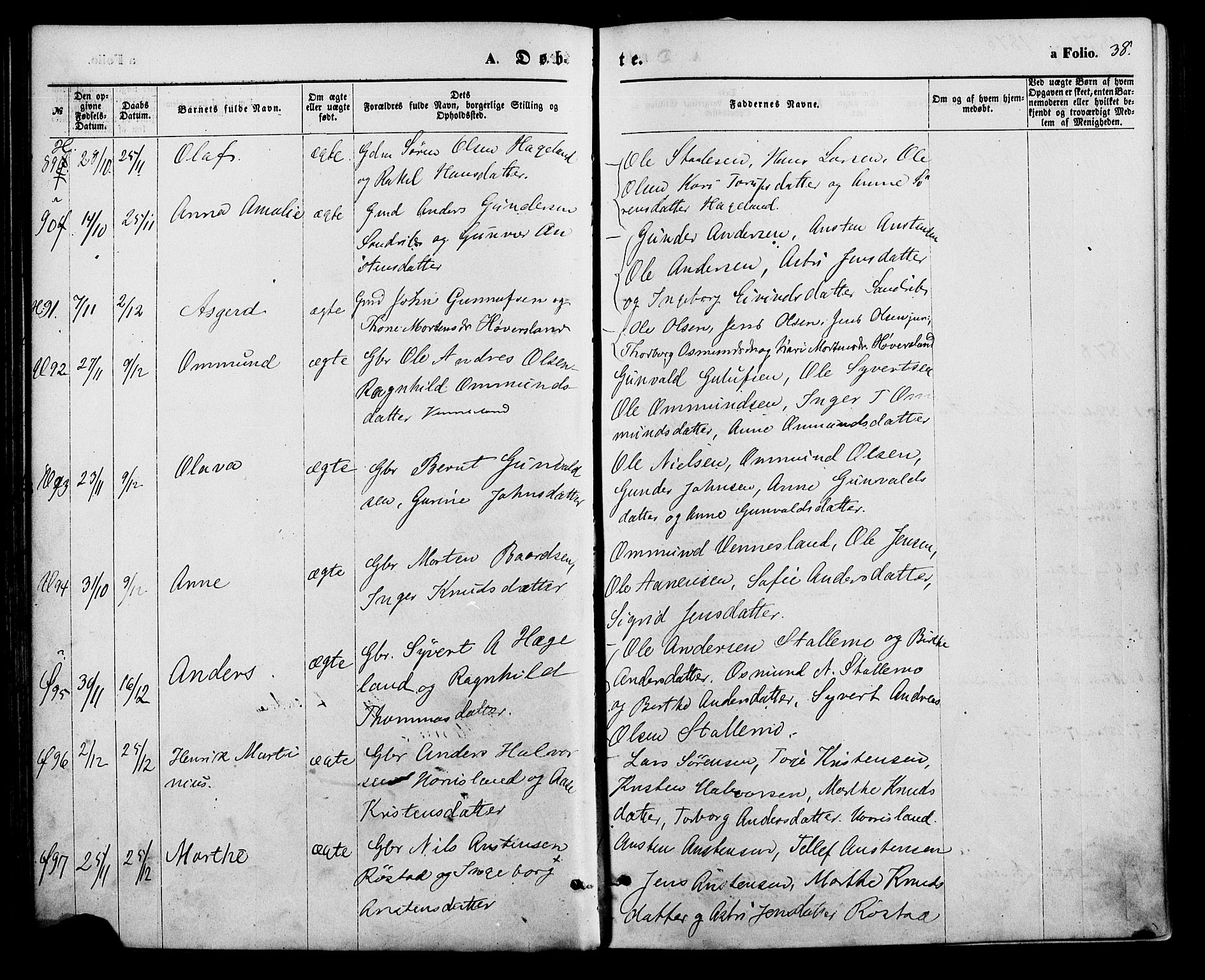 Vennesla sokneprestkontor, AV/SAK-1111-0045/Fa/Fac/L0008: Parish register (official) no. A 8, 1874-1883, p. 38