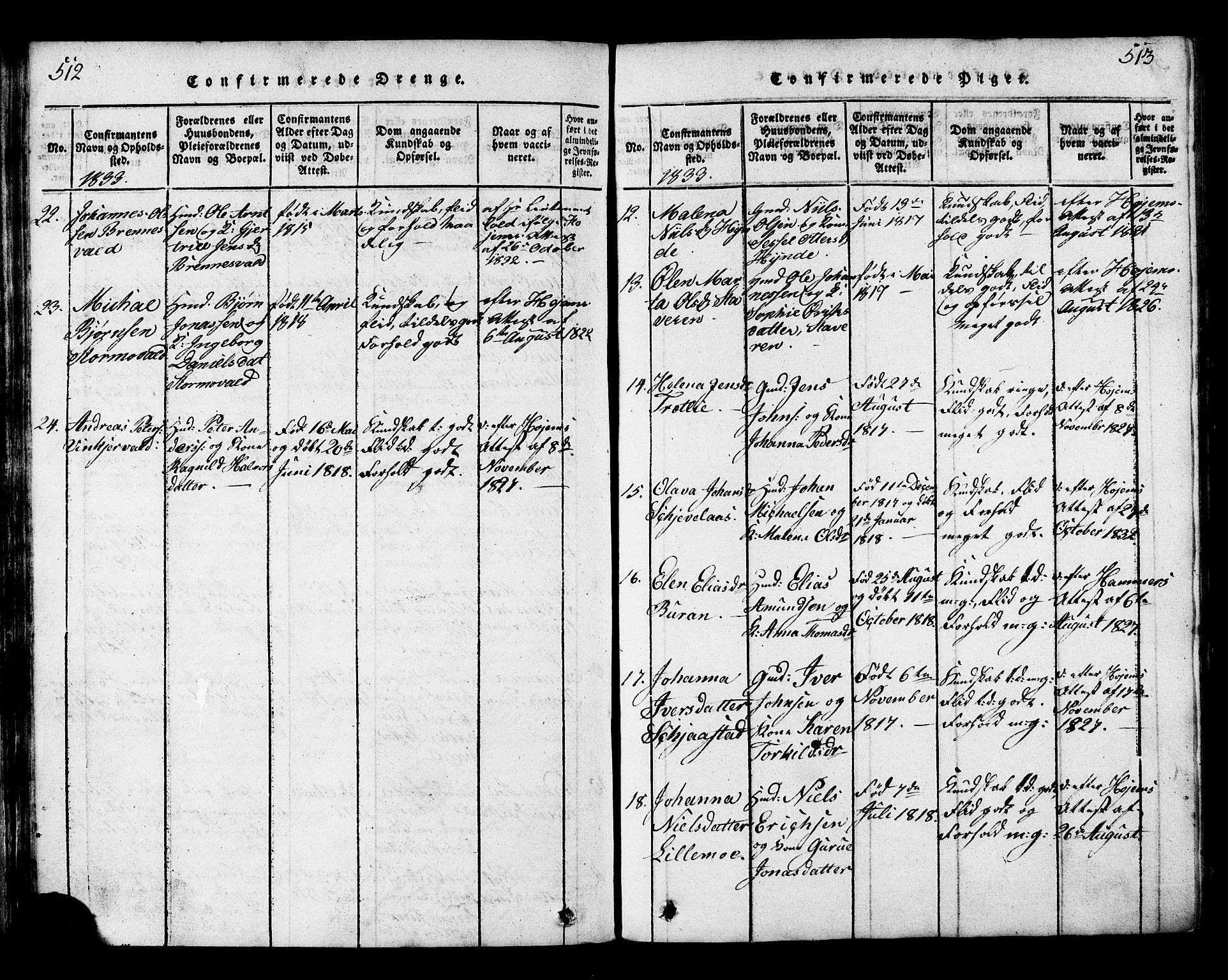 Ministerialprotokoller, klokkerbøker og fødselsregistre - Nord-Trøndelag, AV/SAT-A-1458/717/L0169: Parish register (copy) no. 717C01, 1816-1834, p. 512-513