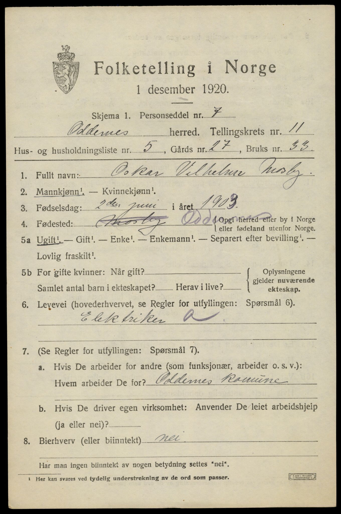 SAK, 1920 census for Oddernes, 1920, p. 7103