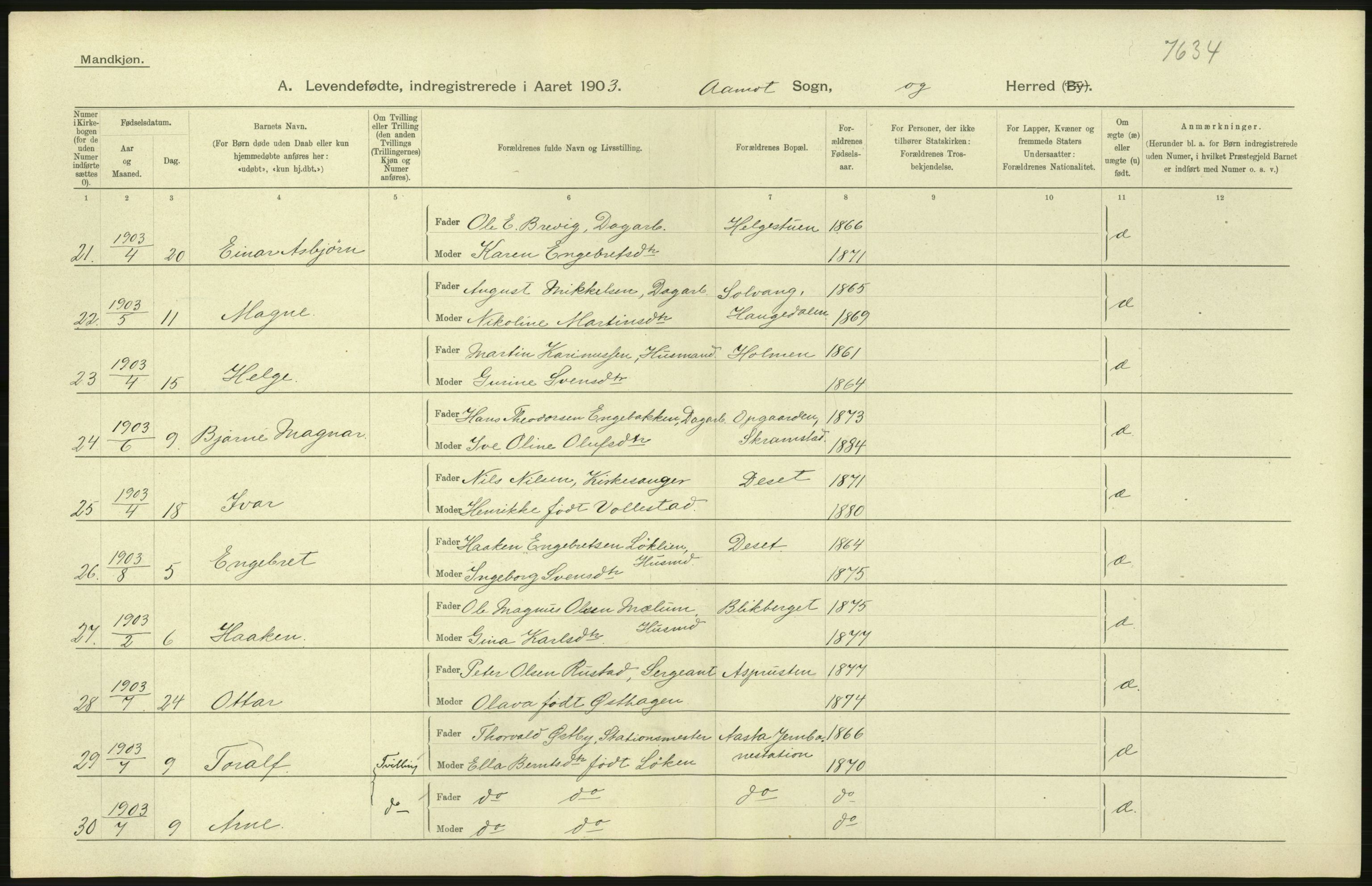 Statistisk sentralbyrå, Sosiodemografiske emner, Befolkning, AV/RA-S-2228/D/Df/Dfa/Dfaa/L0005: Hedemarkens amt: Fødte, gifte, døde, 1903, p. 440