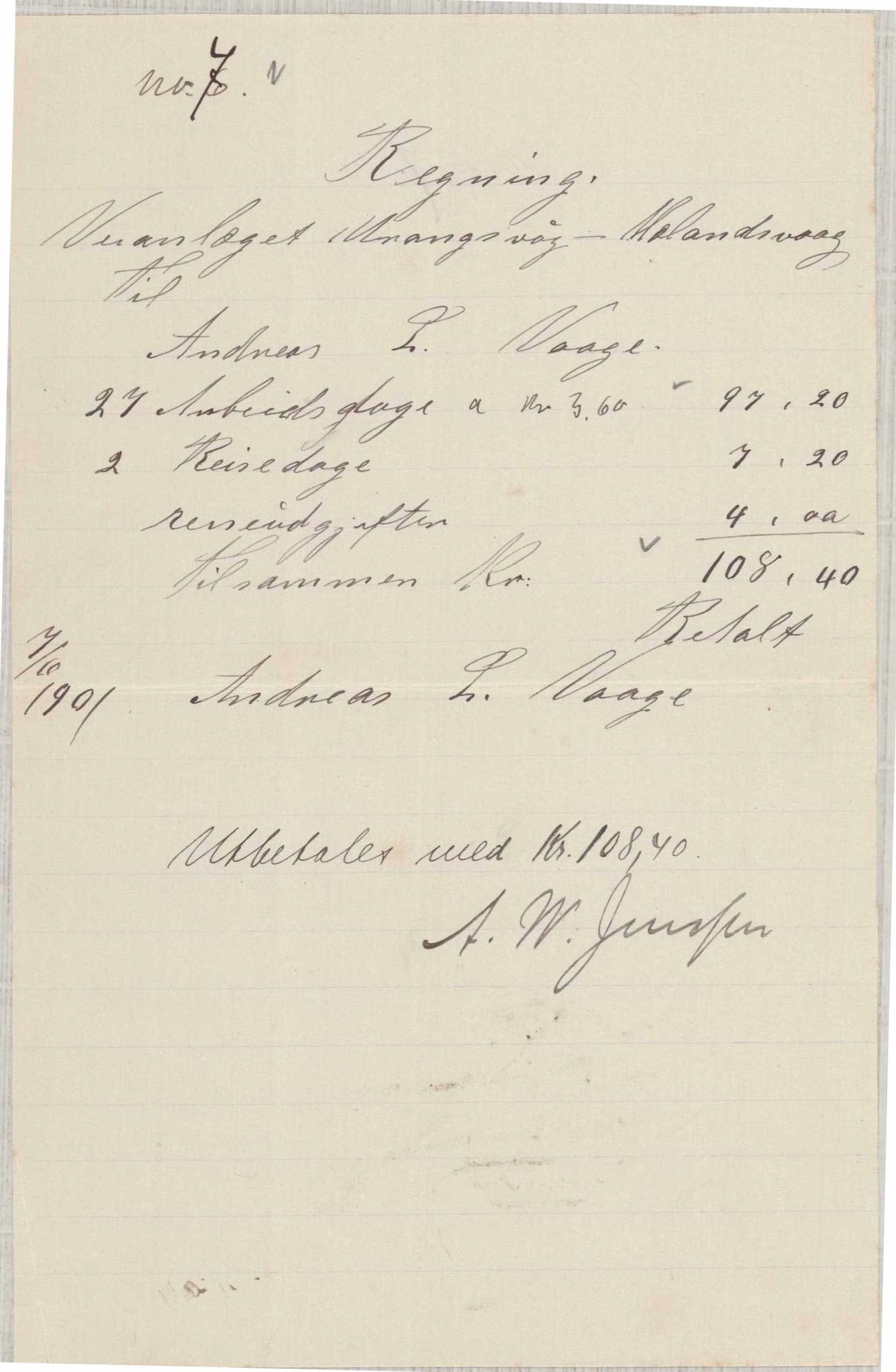 Finnaas kommune. Formannskapet, IKAH/1218a-021/E/Ea/L0002/0002: Rekneskap for veganlegg / Rekneskap for veganlegget Urangsvåg - Mælandsvåg, 1901-1903, p. 20