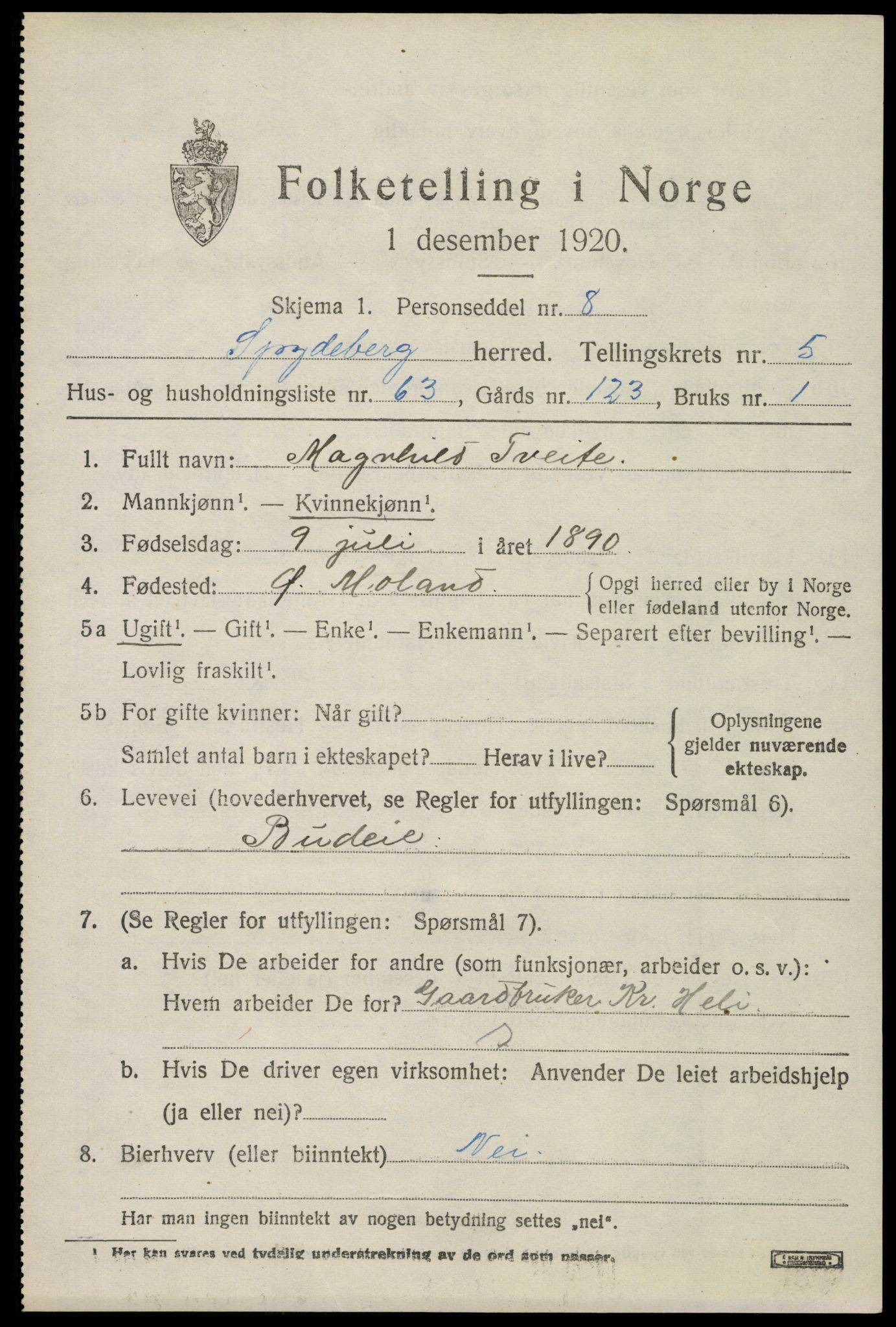 SAO, 1920 census for Spydeberg, 1920, p. 6919