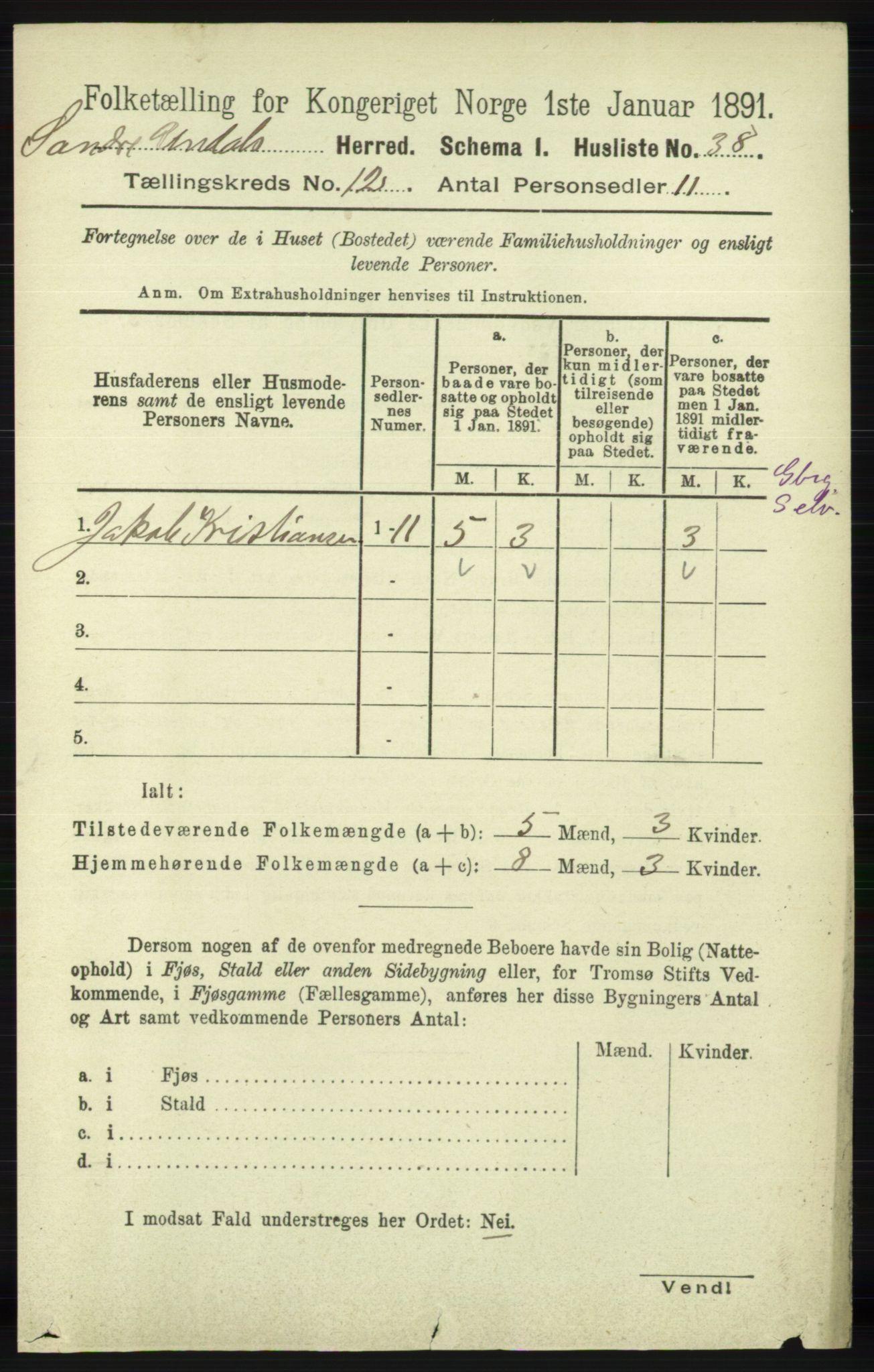 RA, 1891 census for 1029 Sør-Audnedal, 1891, p. 5494