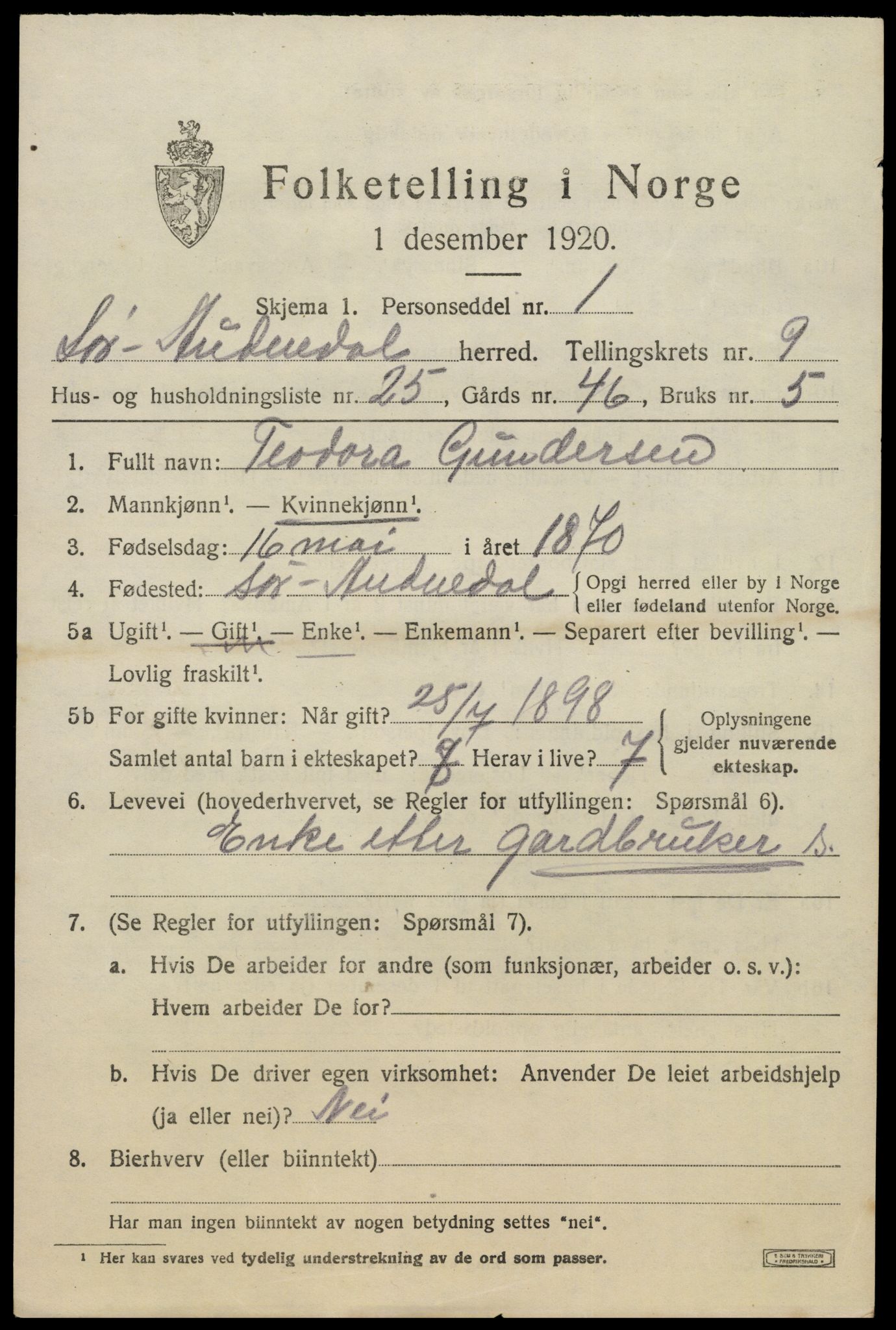 SAK, 1920 census for Sør-Audnedal, 1920, p. 3685