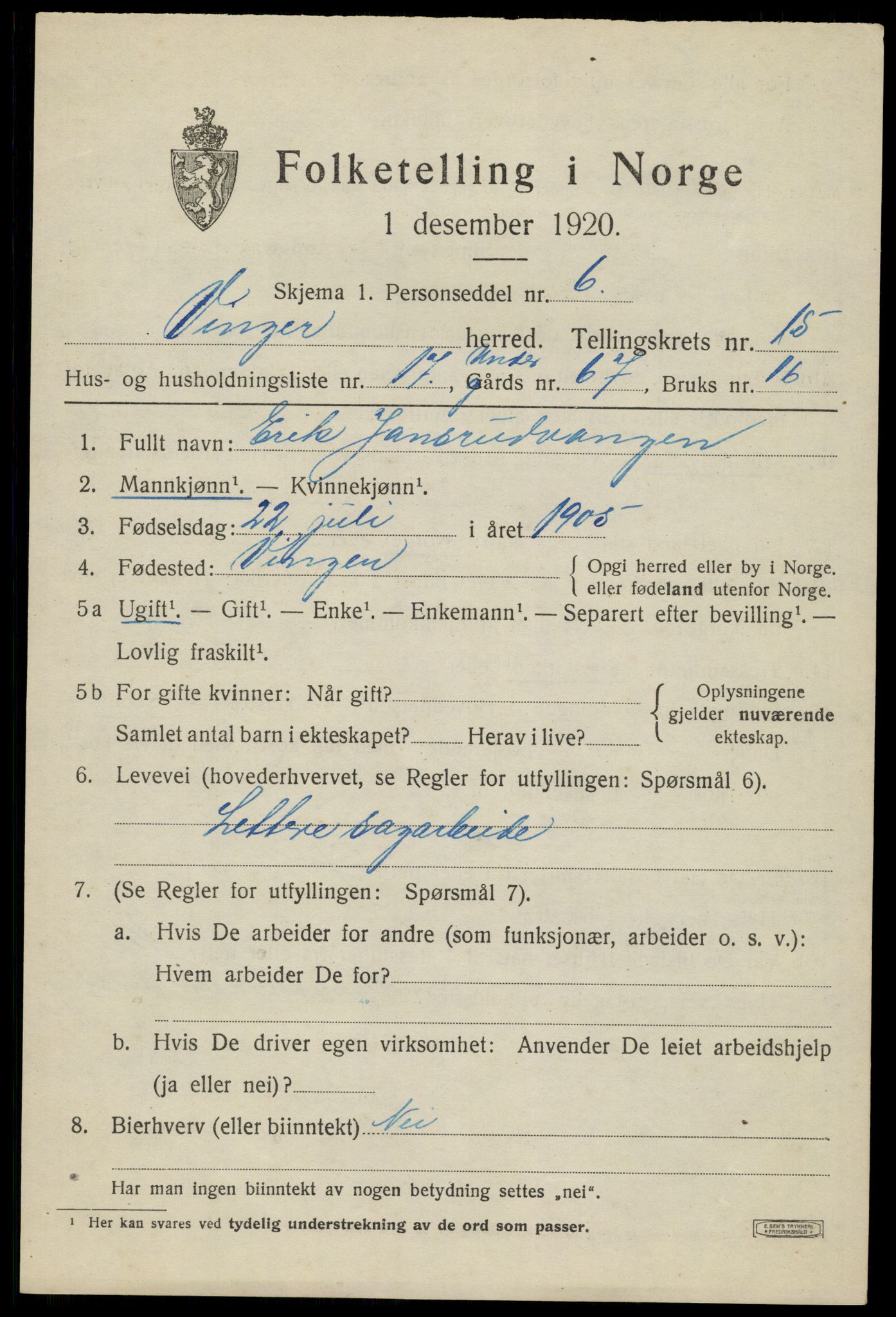 SAH, 1920 census for Vinger, 1920, p. 11878