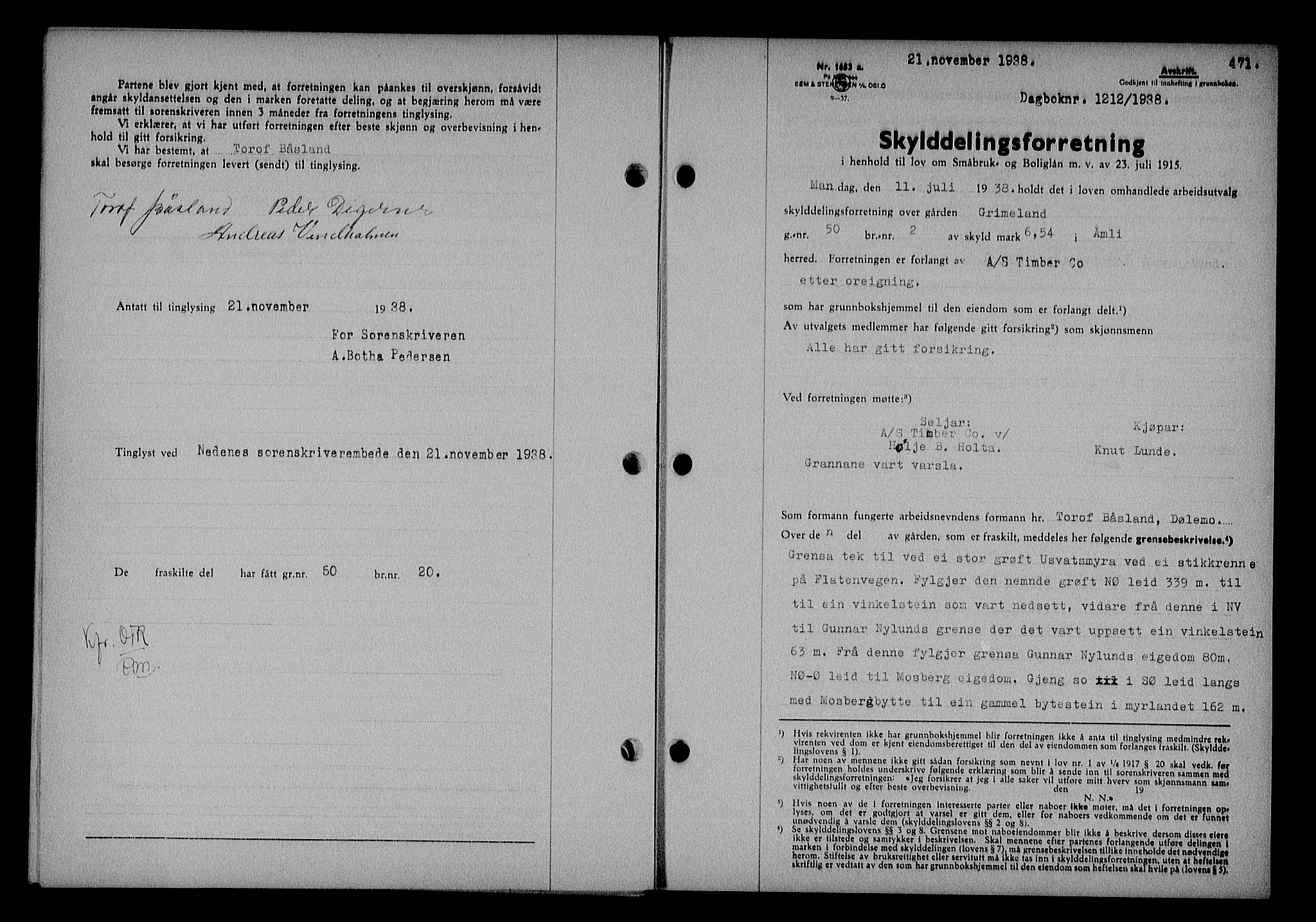 Nedenes sorenskriveri, SAK/1221-0006/G/Gb/Gba/L0045: Mortgage book no. 41, 1938-1938, Diary no: : 1212/1938