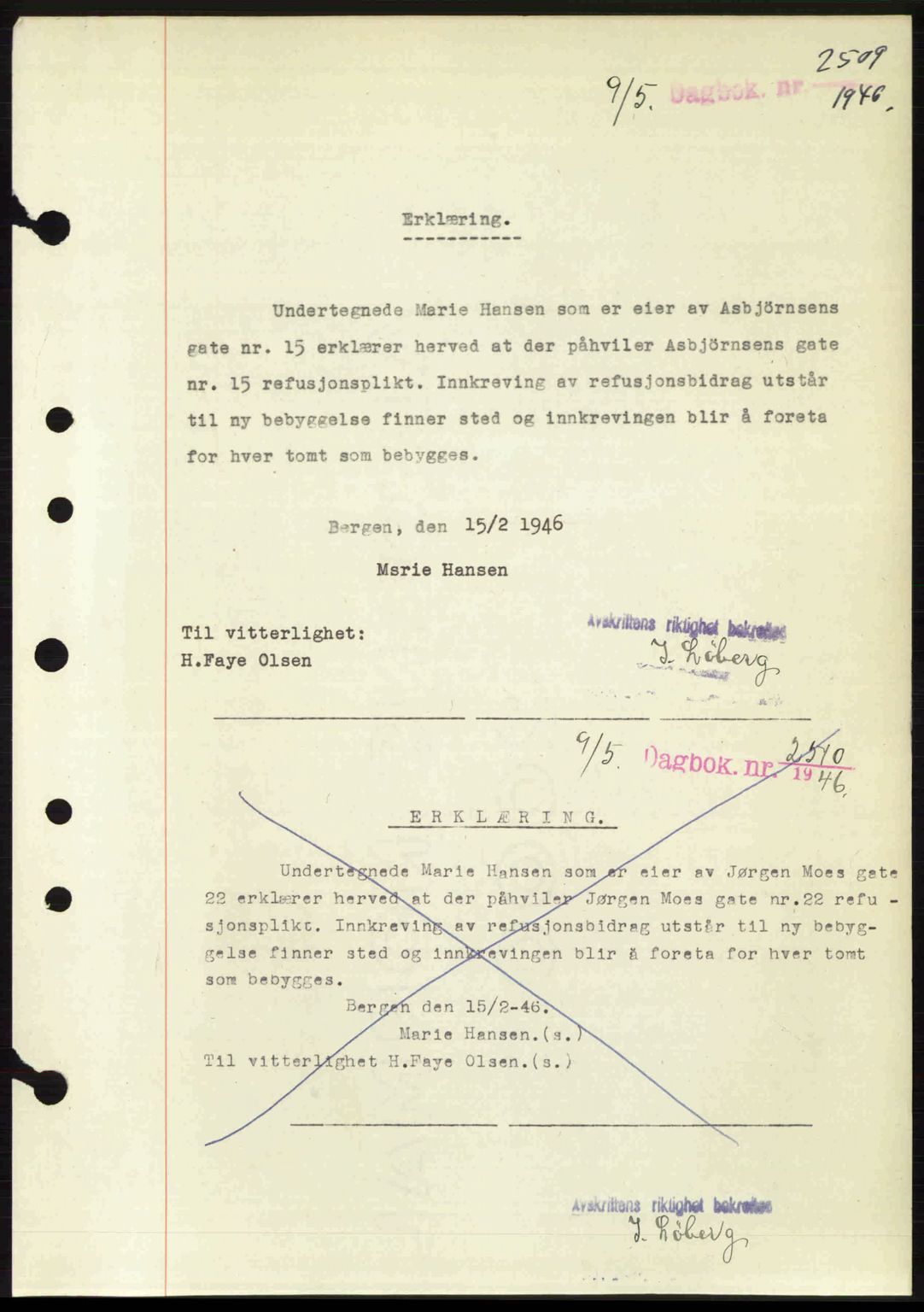 Byfogd og Byskriver i Bergen, AV/SAB-A-3401/03/03Bc/L0022: Mortgage book no. A18, 1946-1946, Diary no: : 2509/1946