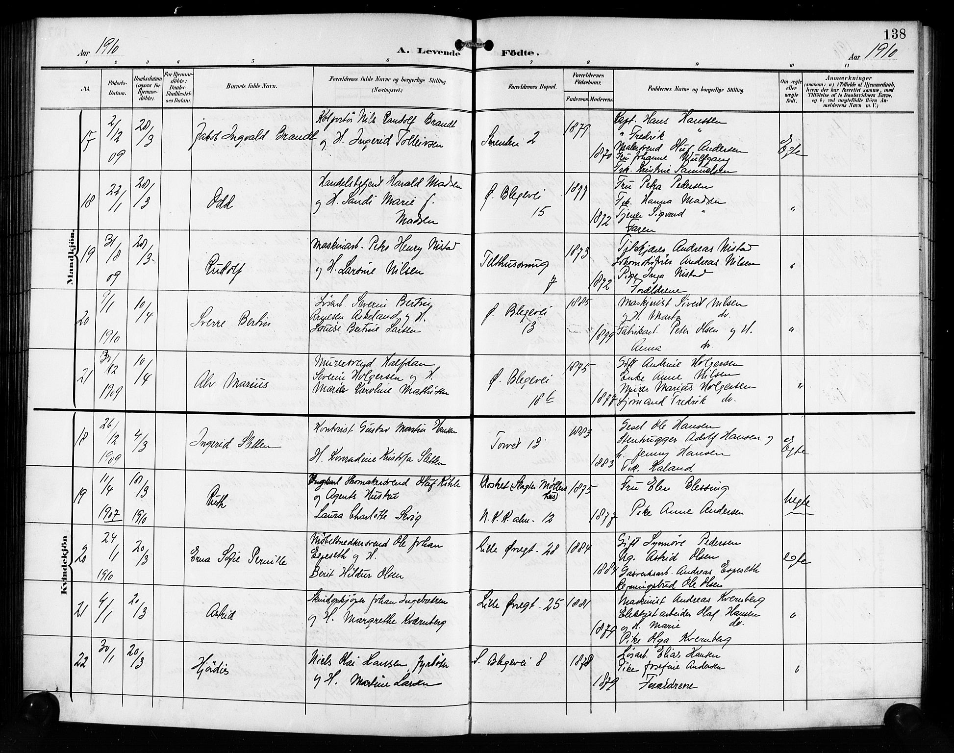 Korskirken sokneprestembete, SAB/A-76101/H/Hab: Parish register (copy) no. B 11, 1905-1916, p. 138