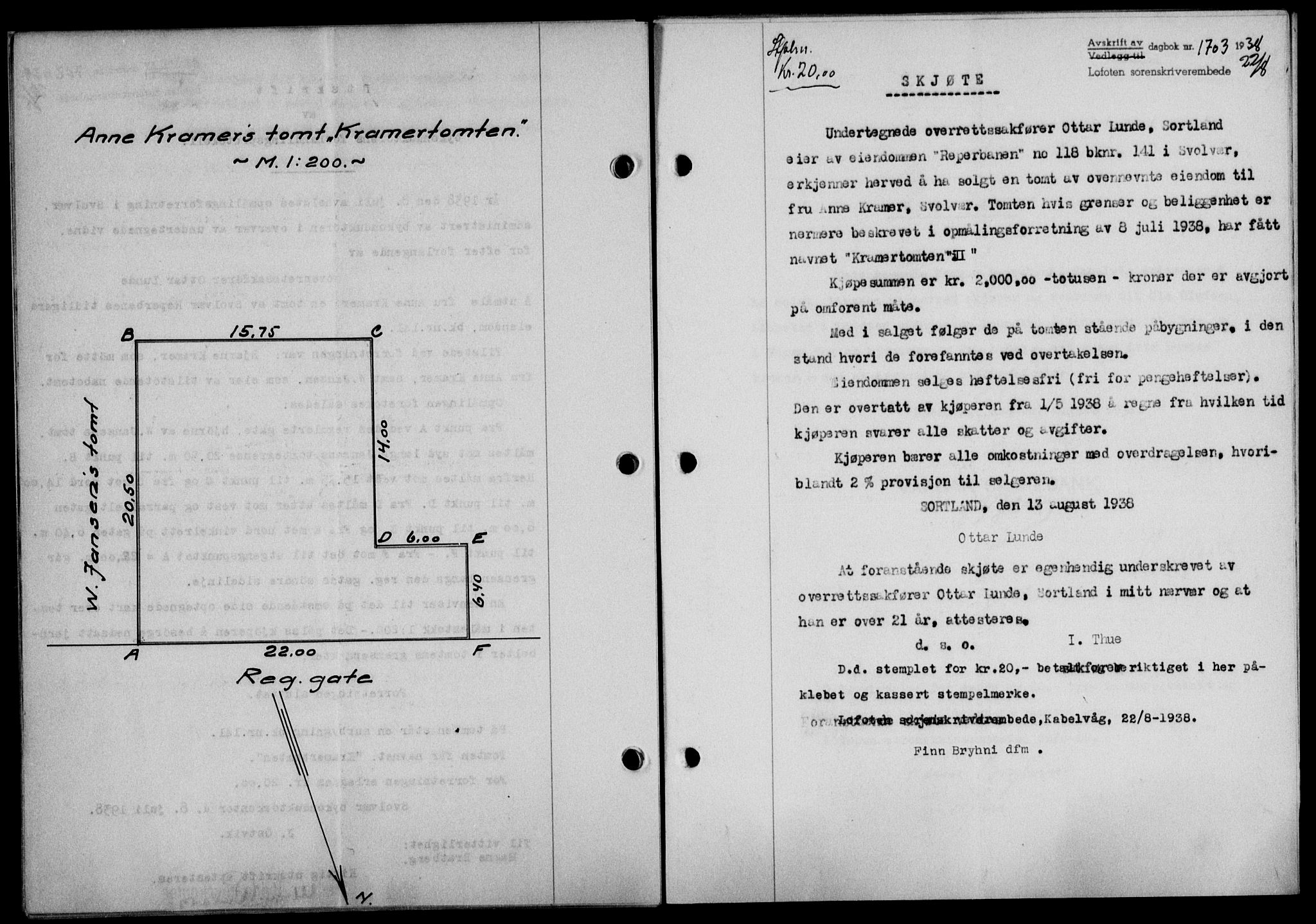 Lofoten sorenskriveri, SAT/A-0017/1/2/2C/L0004a: Mortgage book no. 4a, 1938-1938, Diary no: : 1703/1938