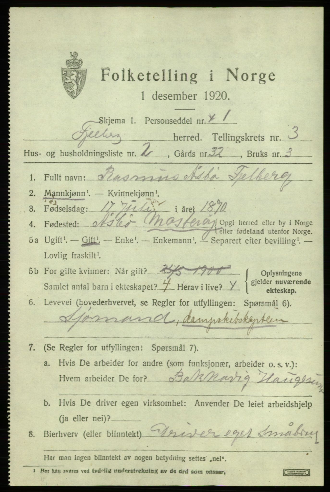 SAB, 1920 census for Fjelberg, 1920, p. 1129