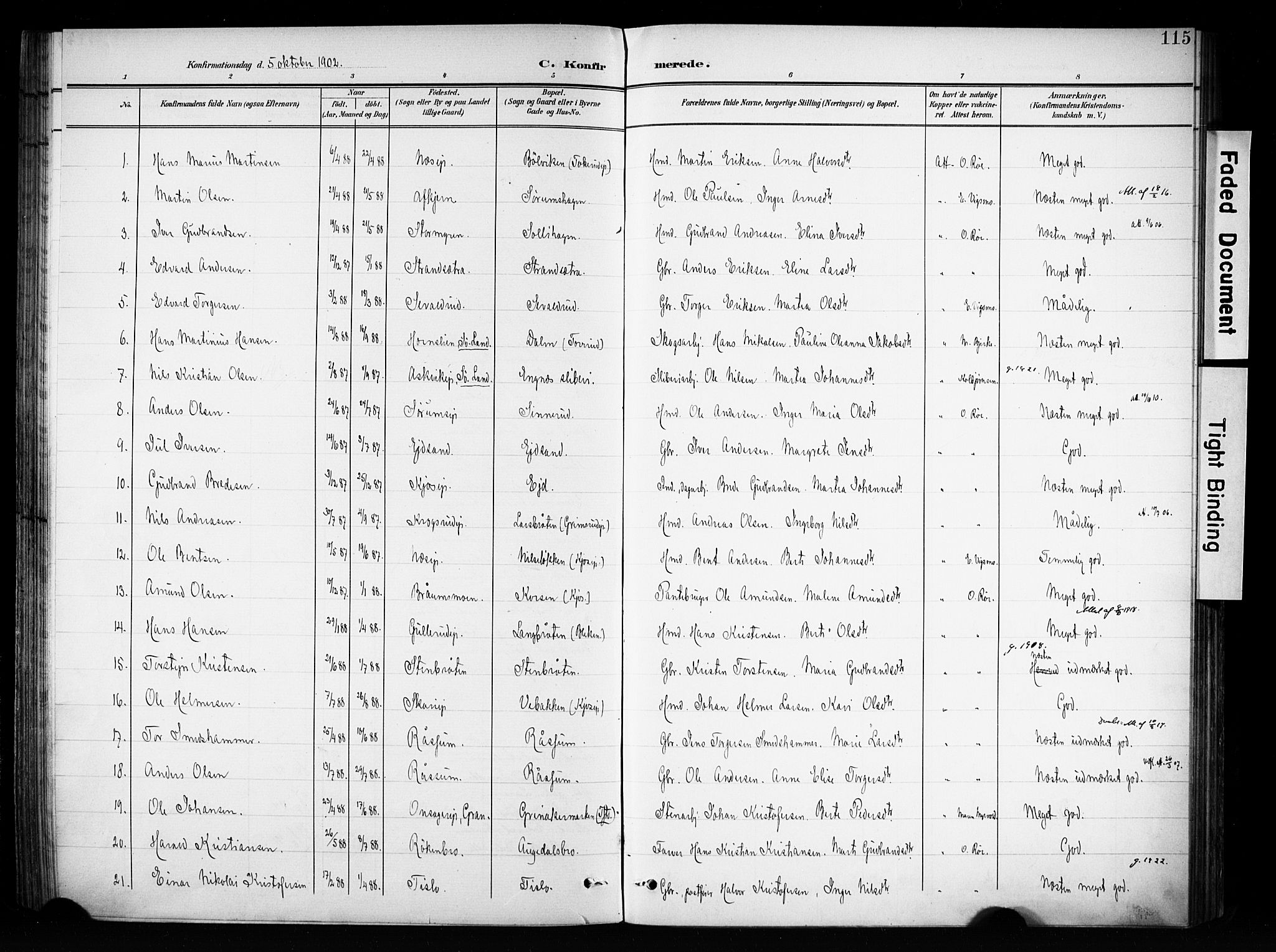 Brandbu prestekontor, SAH/PREST-114/H/Ha/Haa/L0001: Parish register (official) no. 1, 1900-1912, p. 115