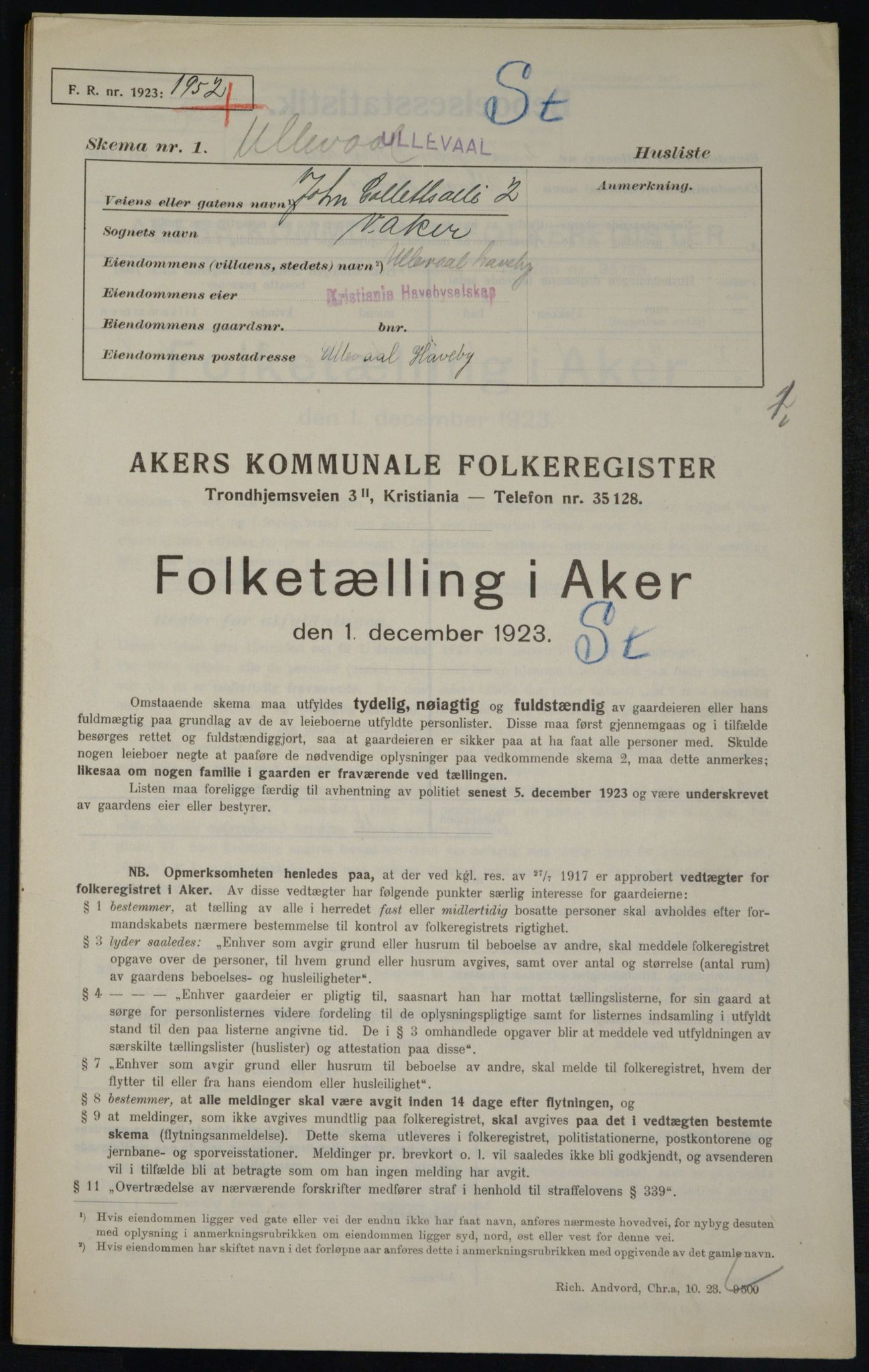 , Municipal Census 1923 for Aker, 1923, p. 20690