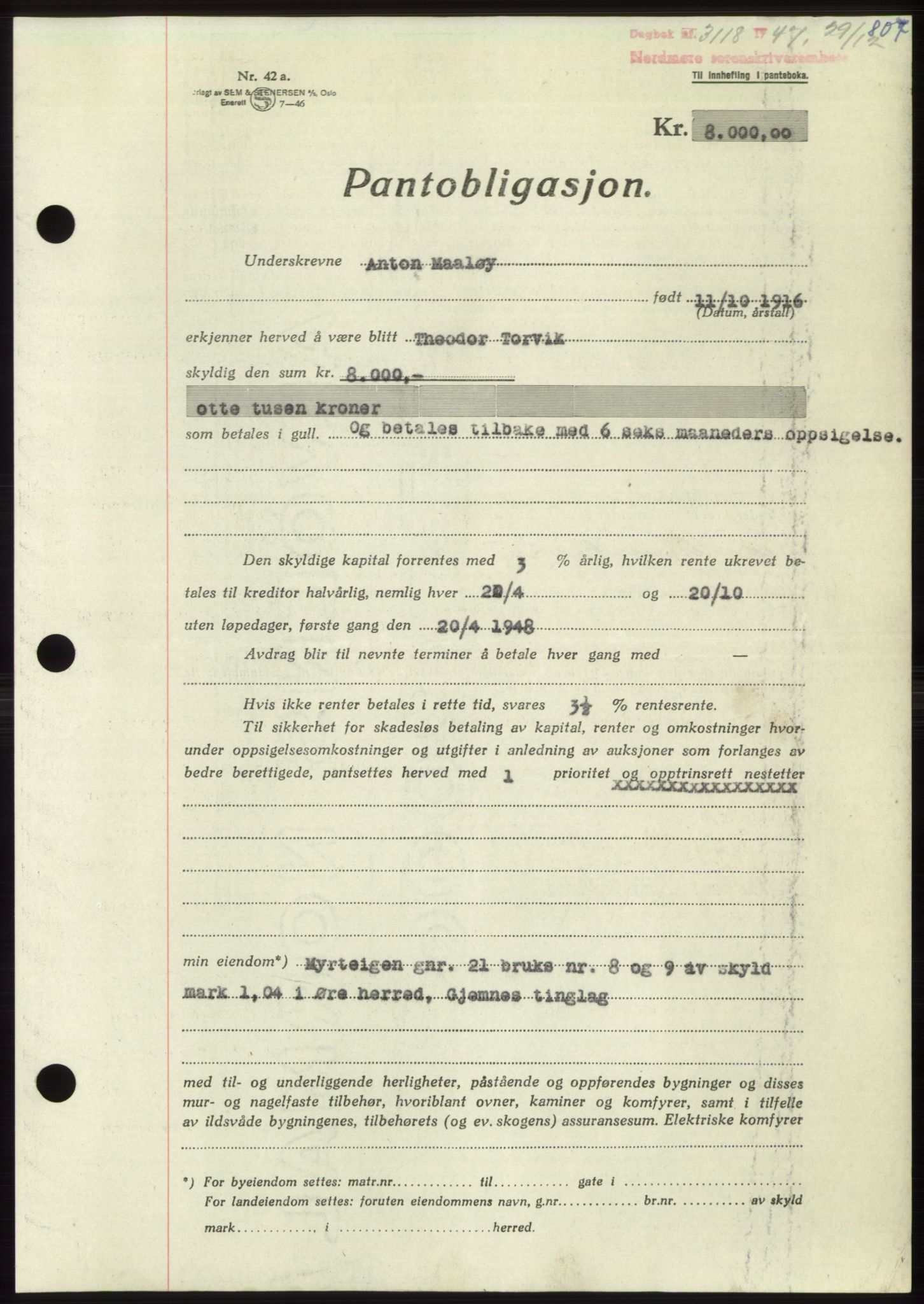 Nordmøre sorenskriveri, AV/SAT-A-4132/1/2/2Ca: Mortgage book no. B97, 1947-1948, Diary no: : 3118/1947