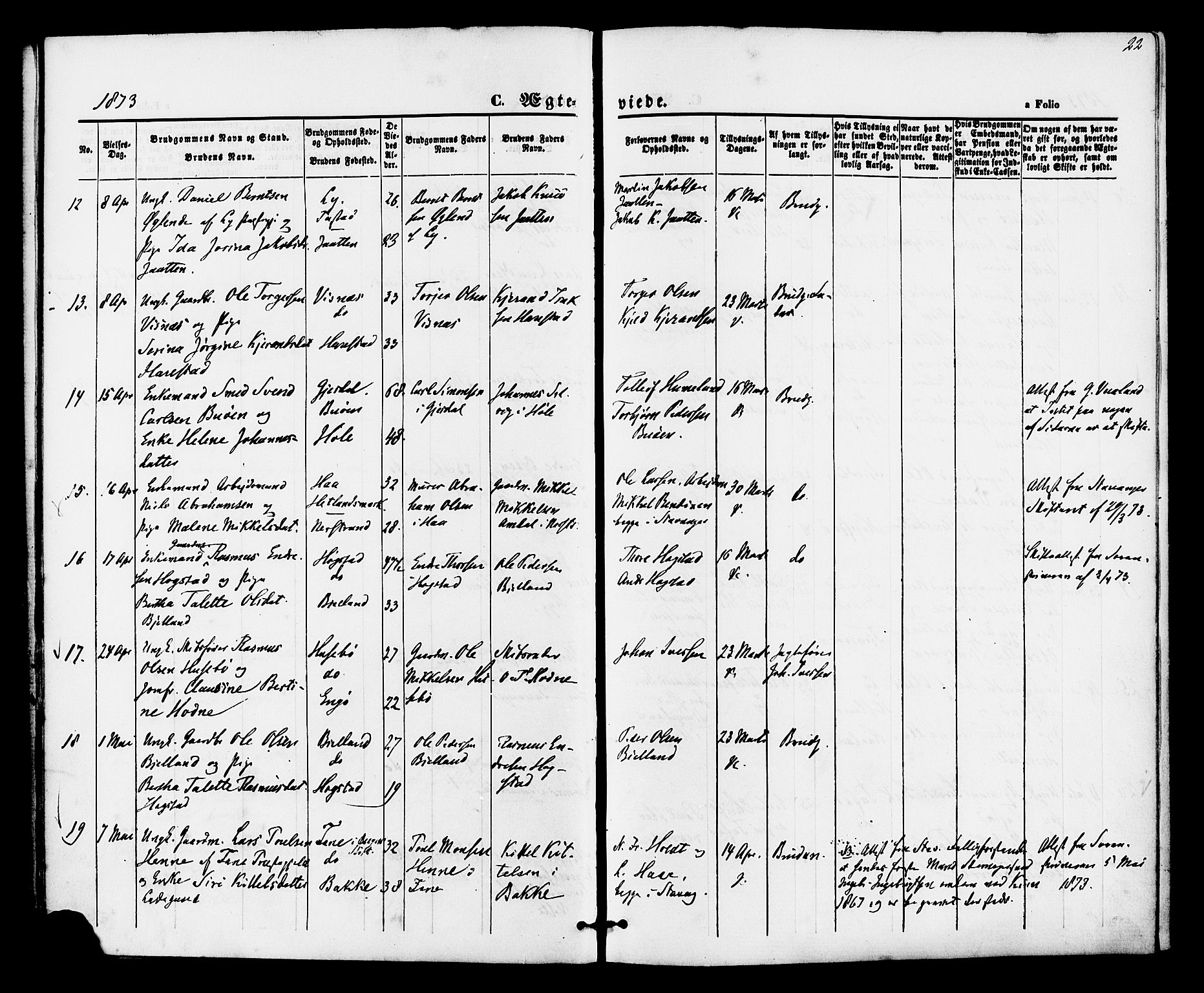 Hetland sokneprestkontor, AV/SAST-A-101826/30/30BA/L0005: Parish register (official) no. A 5, 1869-1884, p. 22