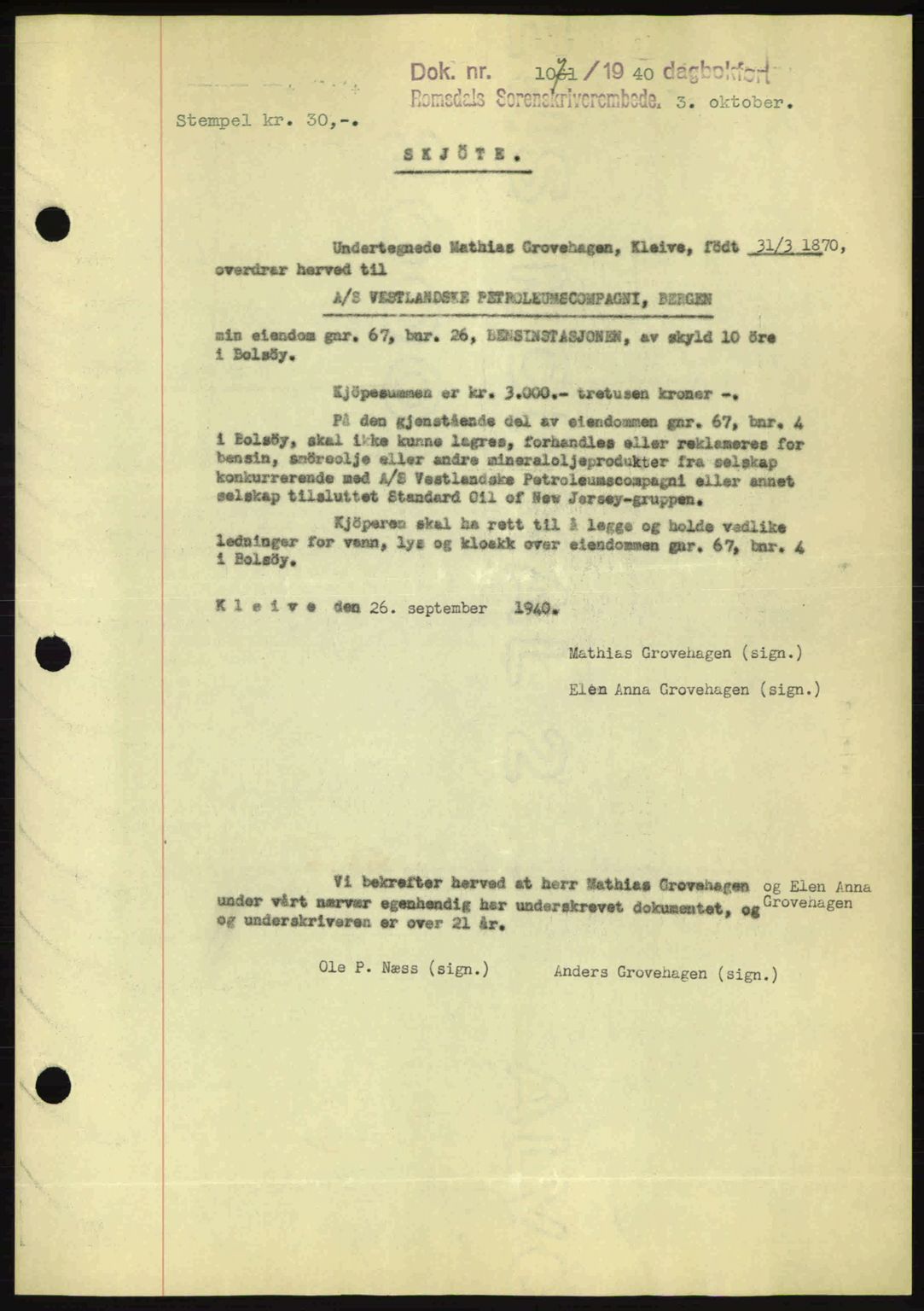 Romsdal sorenskriveri, AV/SAT-A-4149/1/2/2C: Mortgage book no. A8, 1939-1940, Diary no: : 1071/1940