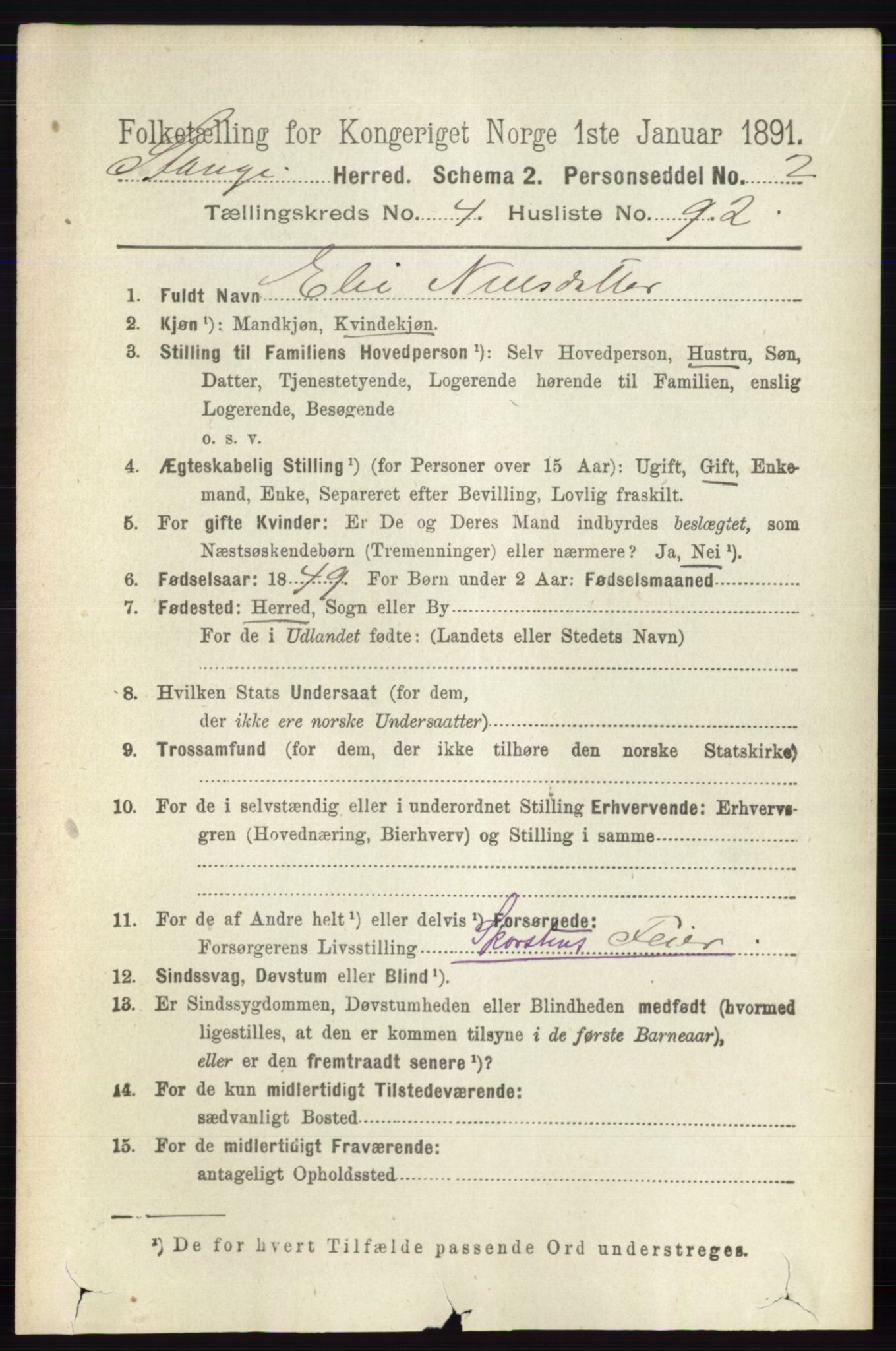 RA, 1891 census for 0417 Stange, 1891, p. 2985