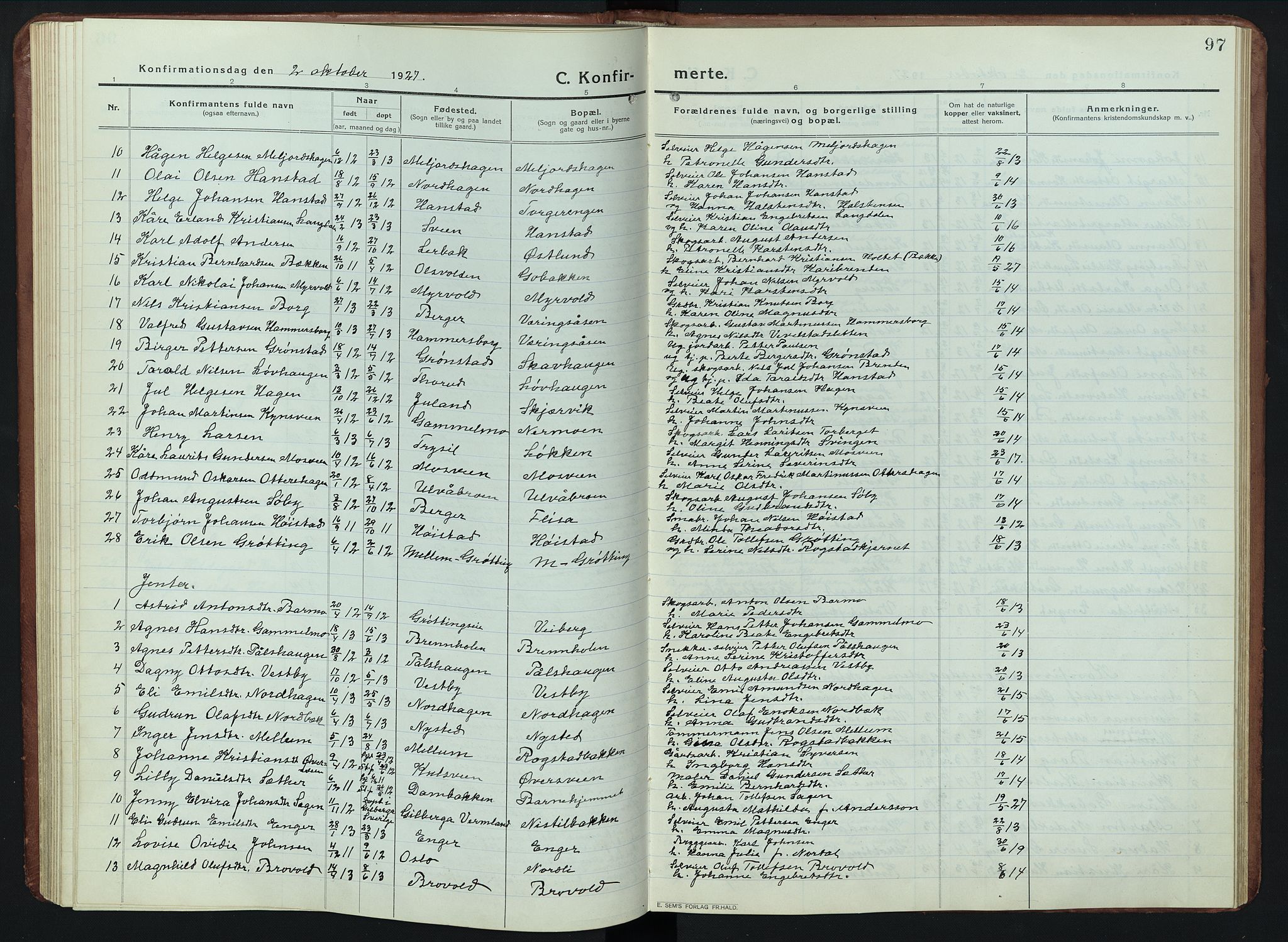 Elverum prestekontor, SAH/PREST-044/H/Ha/Hab/L0011: Parish register (copy) no. 11, 1915-1947, p. 97