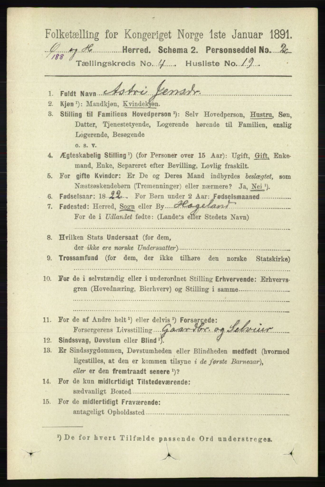 RA, 1891 census for 1016 Øvrebø og Hægeland, 1891, p. 820