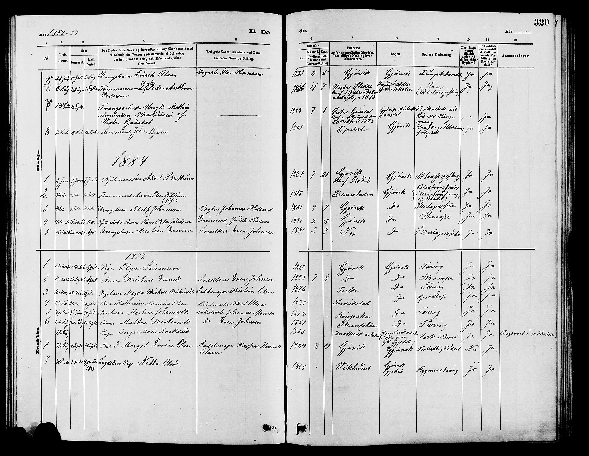 Vardal prestekontor, SAH/PREST-100/H/Ha/Hab/L0007: Parish register (copy) no. 7 /2, 1881-1895, p. 320