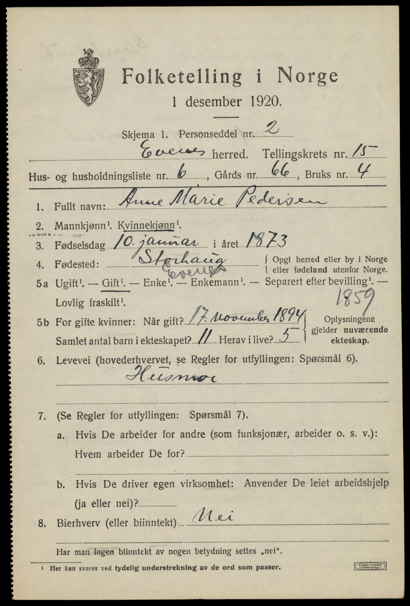 SAT, 1920 census for Evenes, 1920, p. 12802