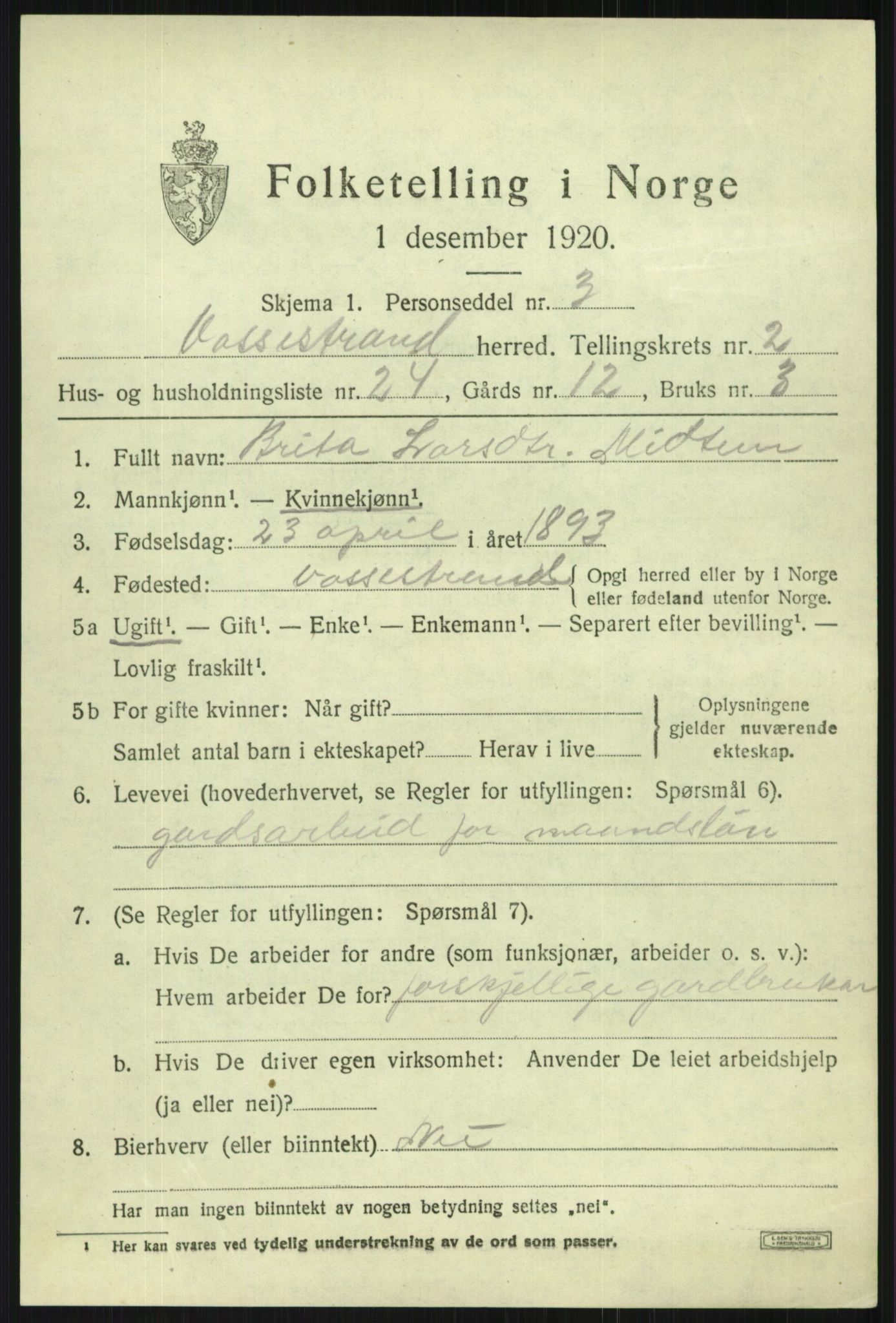 SAB, 1920 census for Vossestrand, 1920, p. 1422