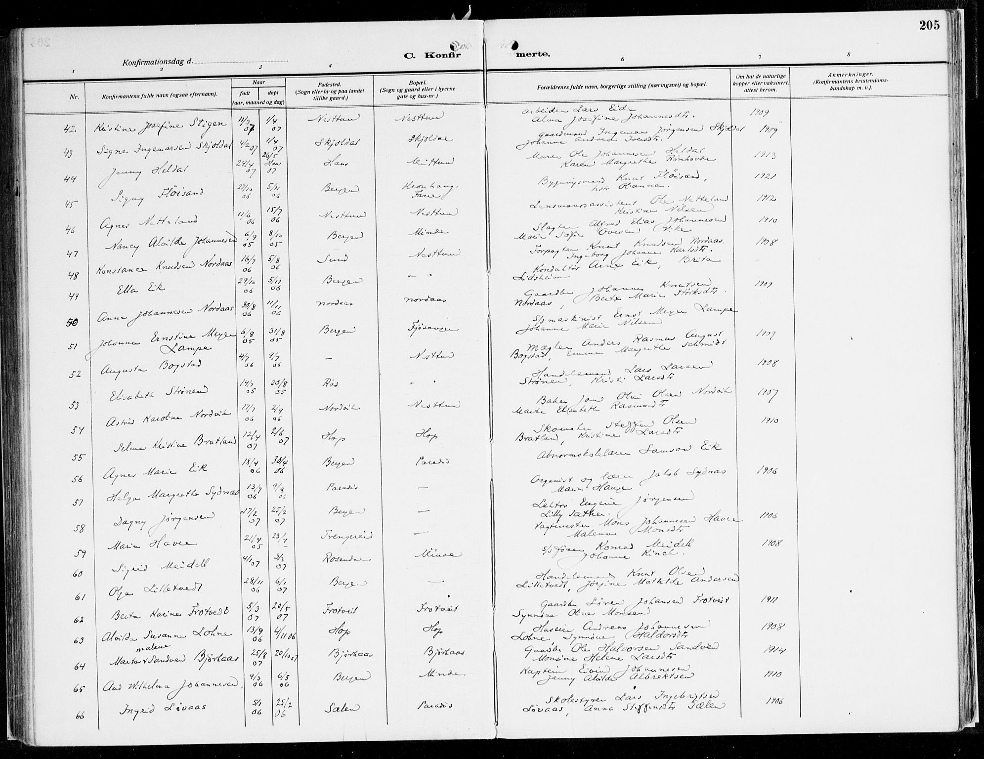 Fana Sokneprestembete, AV/SAB-A-75101/H/Haa/Haaj/L0001: Parish register (official) no. J 1, 1921-1935, p. 205