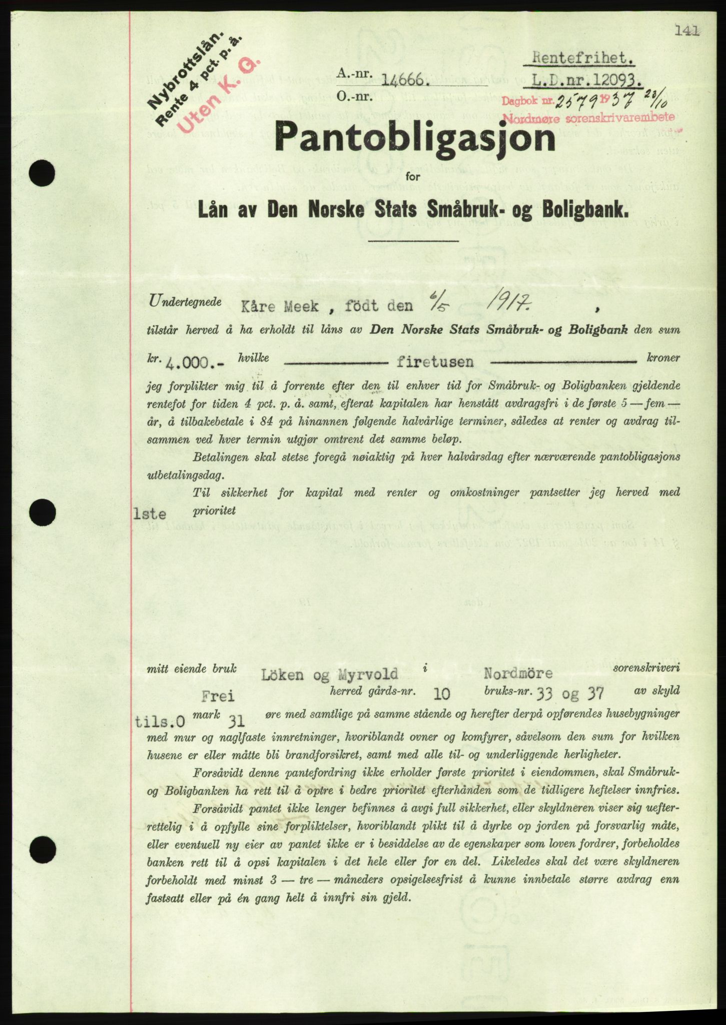 Nordmøre sorenskriveri, AV/SAT-A-4132/1/2/2Ca/L0092: Mortgage book no. B82, 1937-1938, Diary no: : 2579/1937