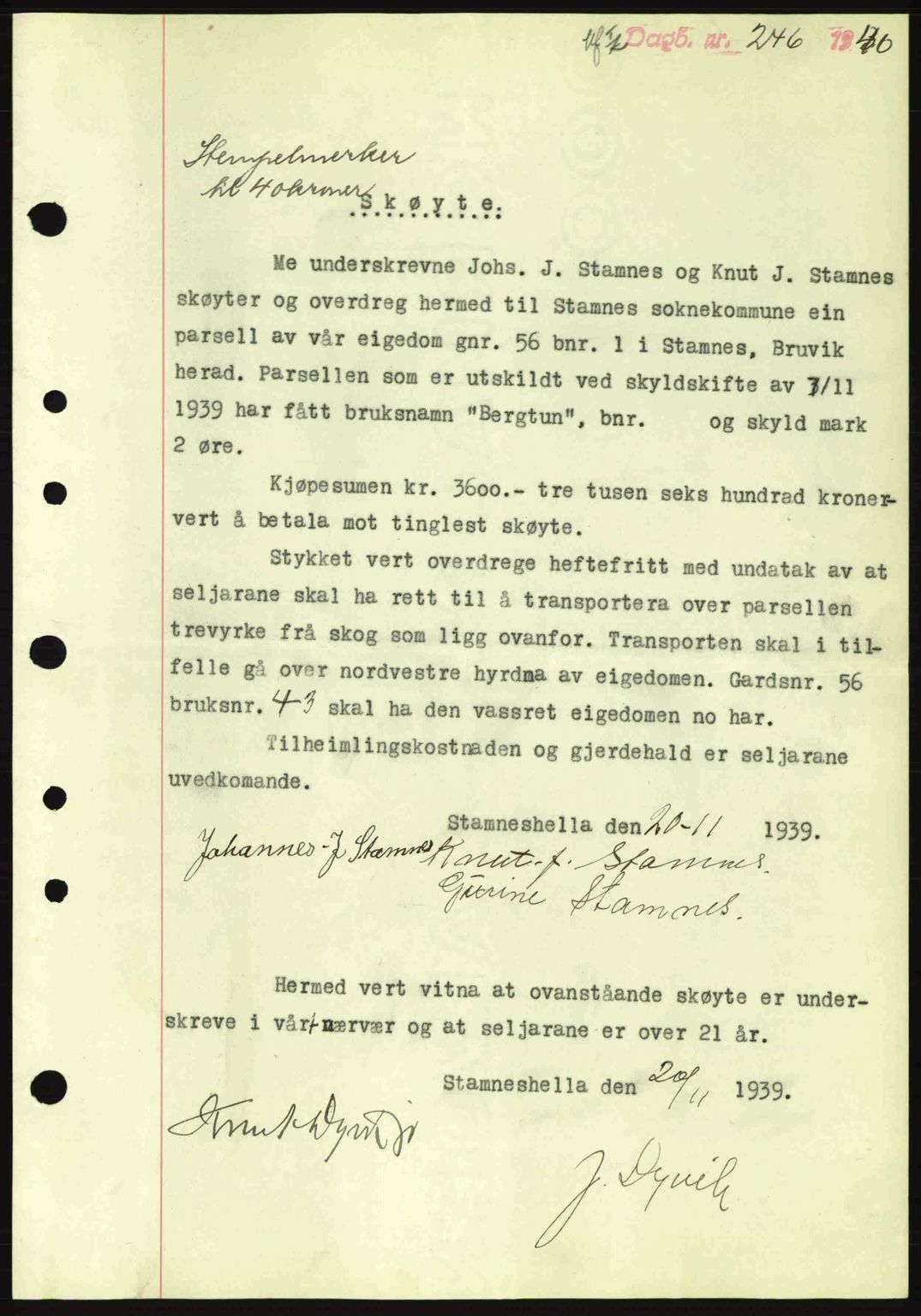 Nordhordland sorenskrivar, AV/SAB-A-2901/1/G/Gb/Gbf/L0010: Mortgage book no. A10, 1939-1940, Diary no: : 246/1940