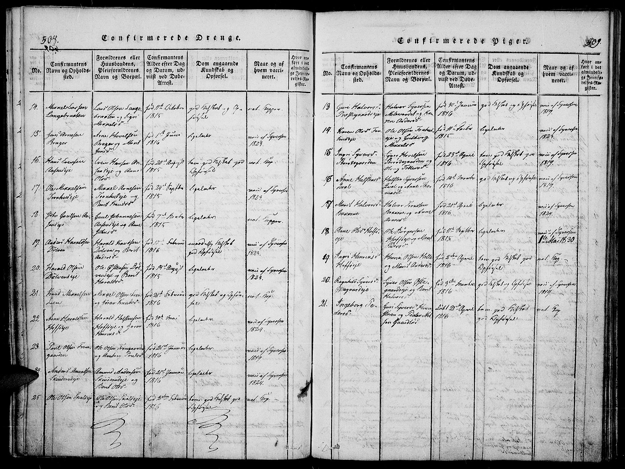 Sør-Aurdal prestekontor, SAH/PREST-128/H/Ha/Haa/L0003: Parish register (official) no. 3, 1825-1840, p. 508-509